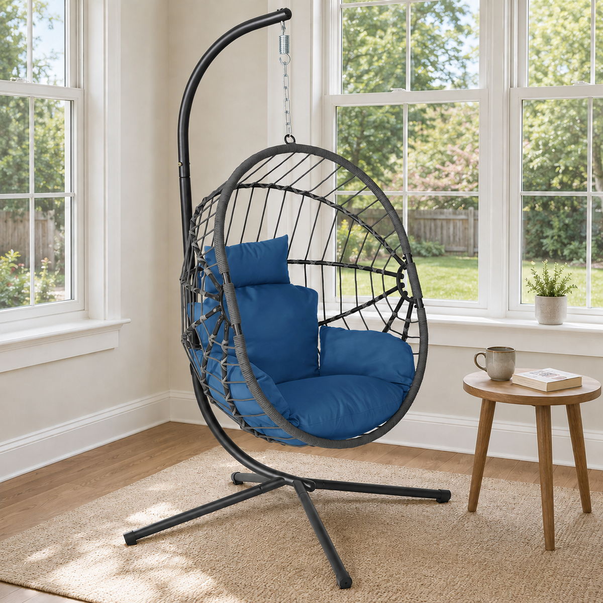 Outdoor Single Hanging Egg Chair with Stand & Cushions