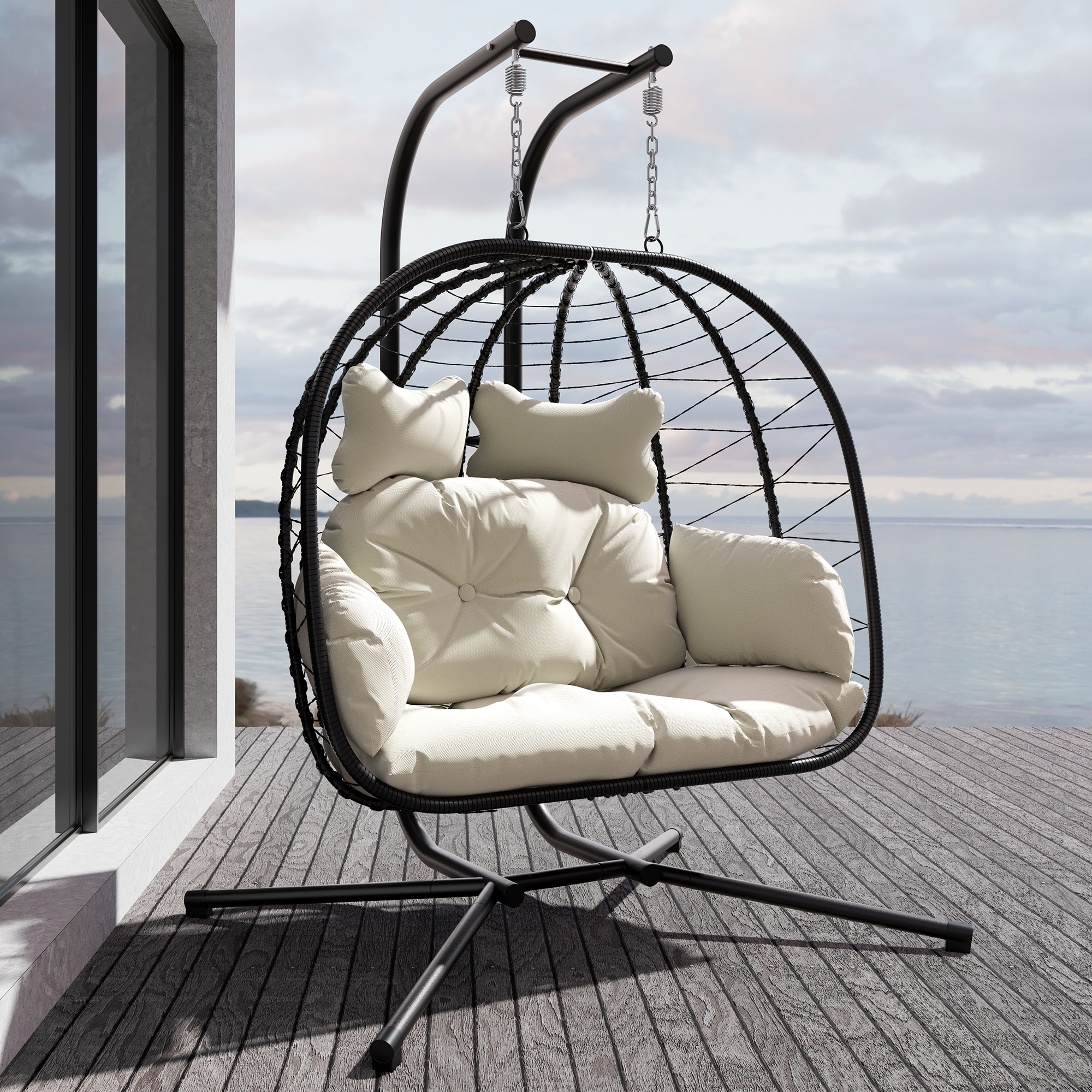 2-Person Hanging Egg Chair with Stand and Cushions ¨C Front View