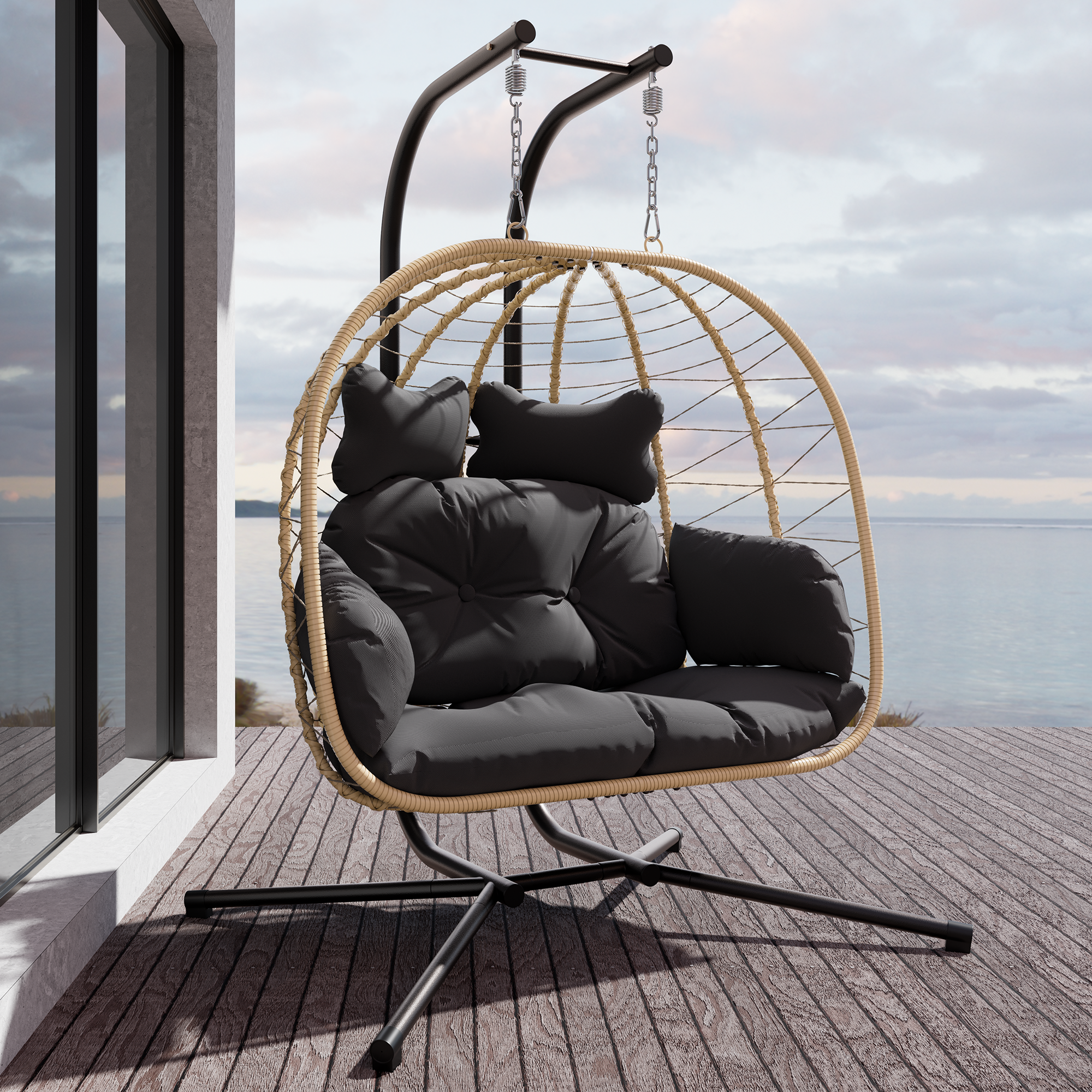 RIWENGO 2-Person Hanging Egg Chair with Stand and Cushions ¨C Front View