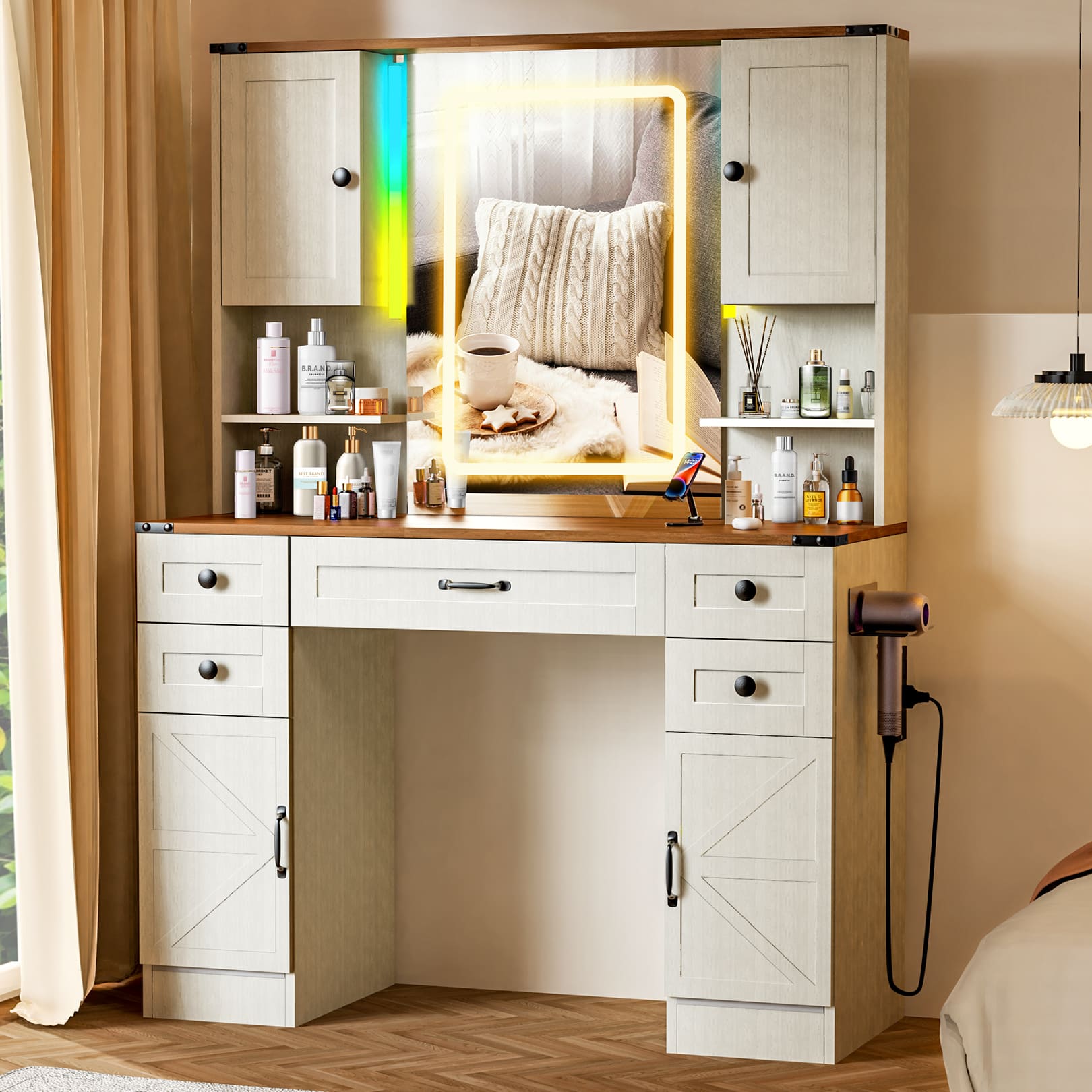 16-Color Touch Screen Vanity Mirror with Storage & Outlet