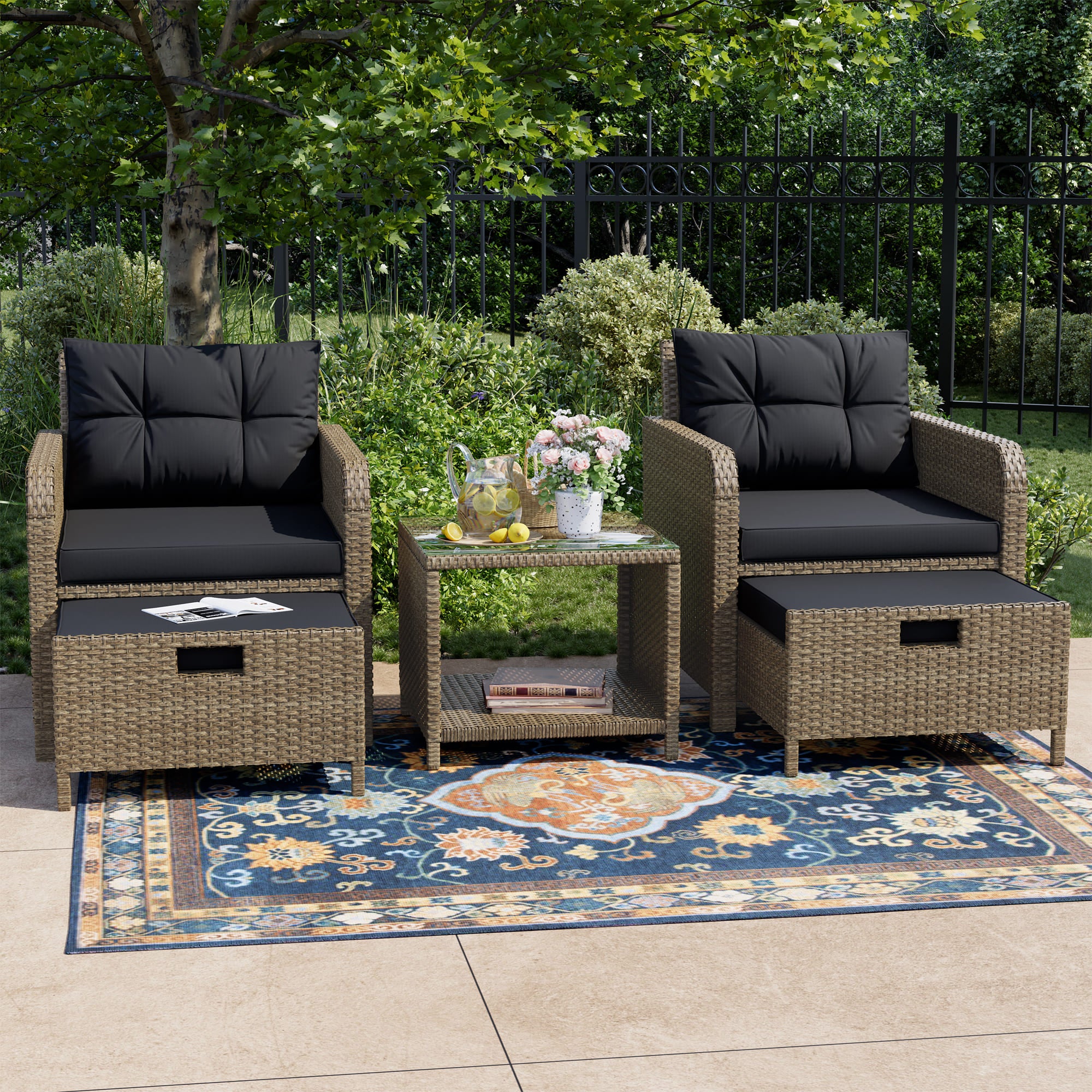 5-Piece Rattan Patio Set with Cushioned Chairs and Ottomans ¨C Front View