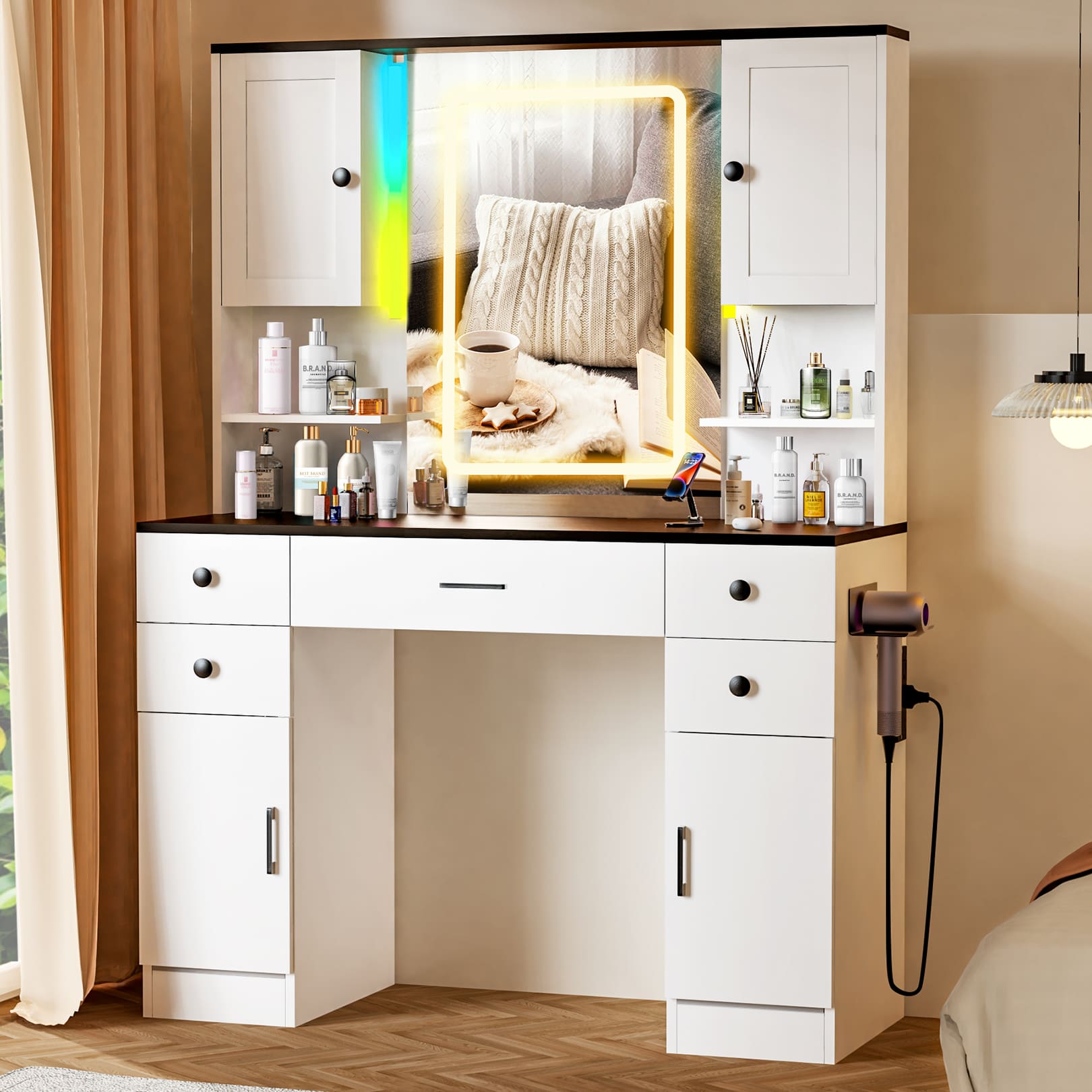 16-Color Touch Screen Vanity Mirror with Storage & Outlet