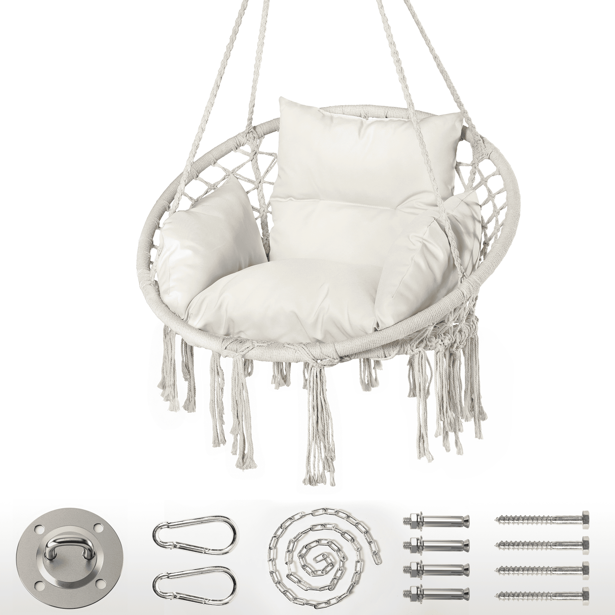 Cozy white hammock chair hanging on a porch ¨C relaxing outdoor seating option