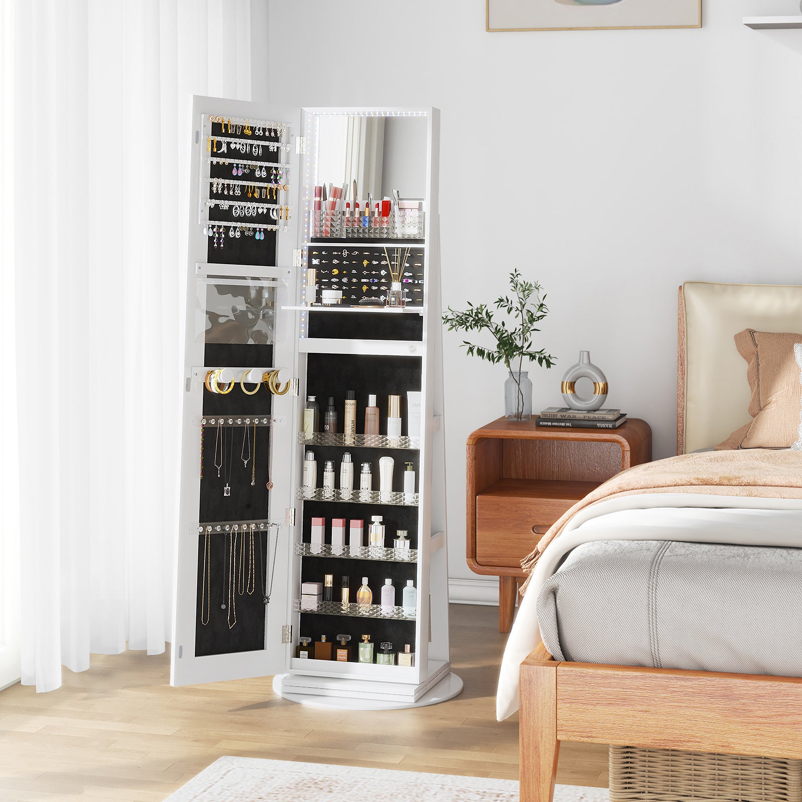 RIWENGO Interior of Jewelry Armoire Showcasing Storage Compartments and LED Lighting
