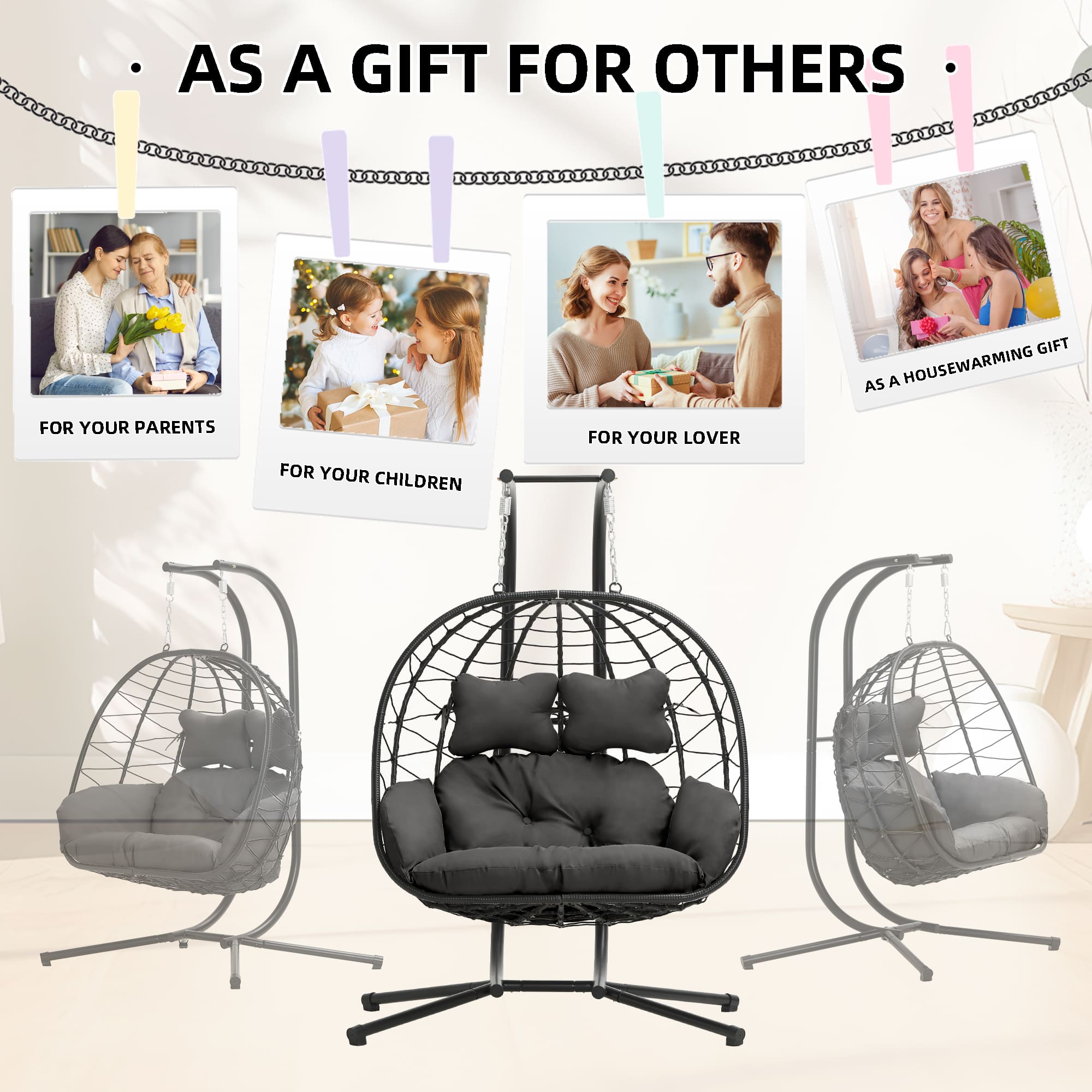 RIWENGO 2-Person Hanging Egg Chair with Stand and Cushions ¨C Front View