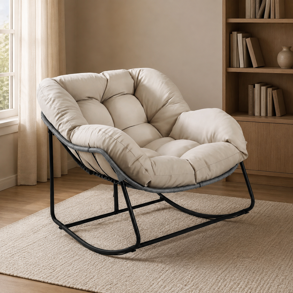 Oversized Wicker Egg Rocking Chair with Thick Cushion – Indoor & Outdoor
