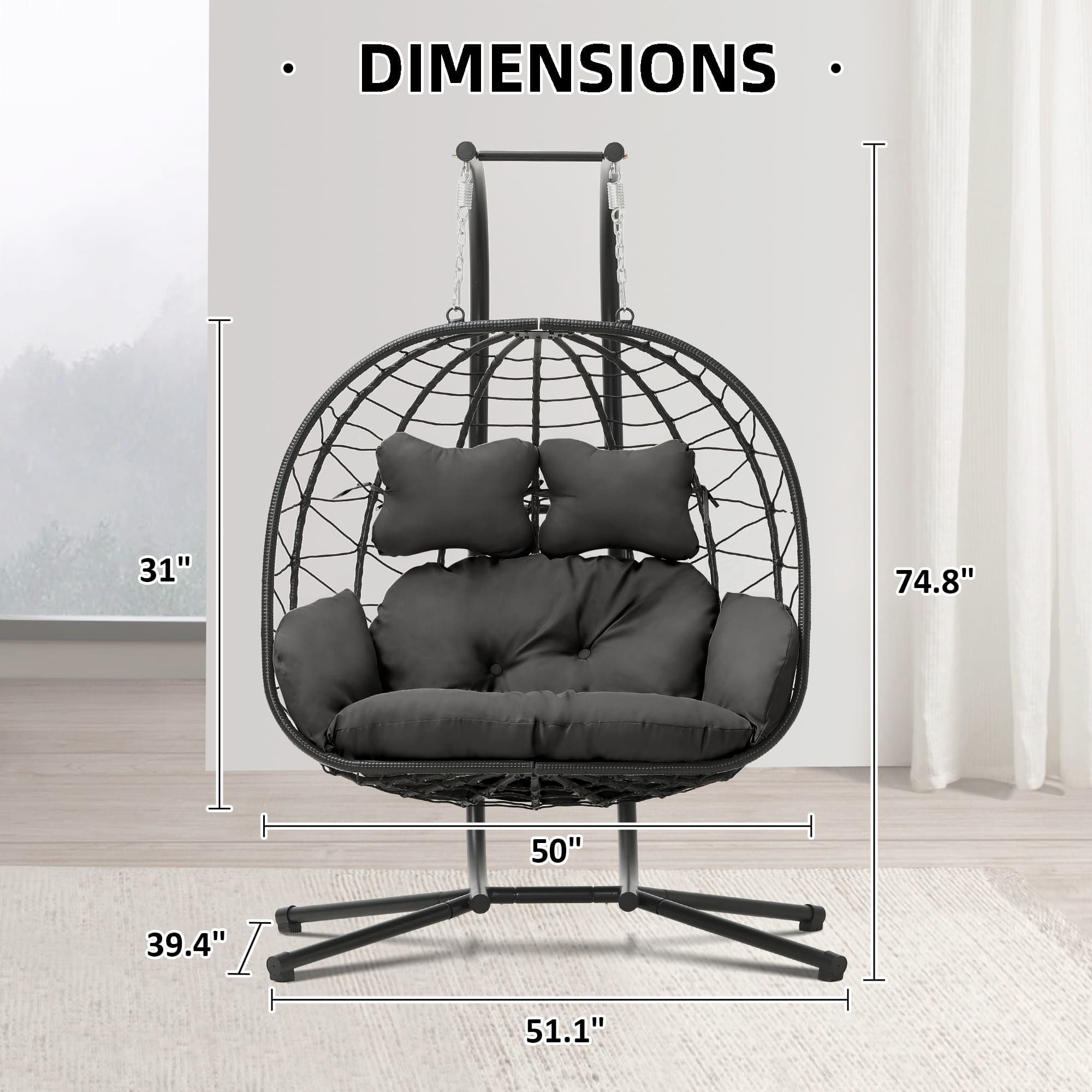 RIWENGO 2-Person Hanging Egg Chair with Stand and Cushions ¨C Front View