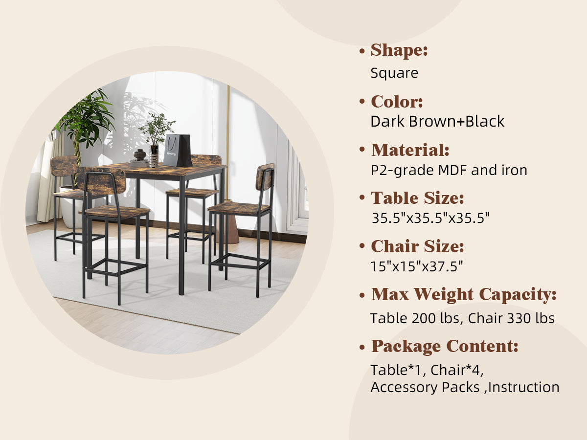 5-Piece Counter Height Dining Set with 4 Bar Stools, Modern Kitchen Table Set