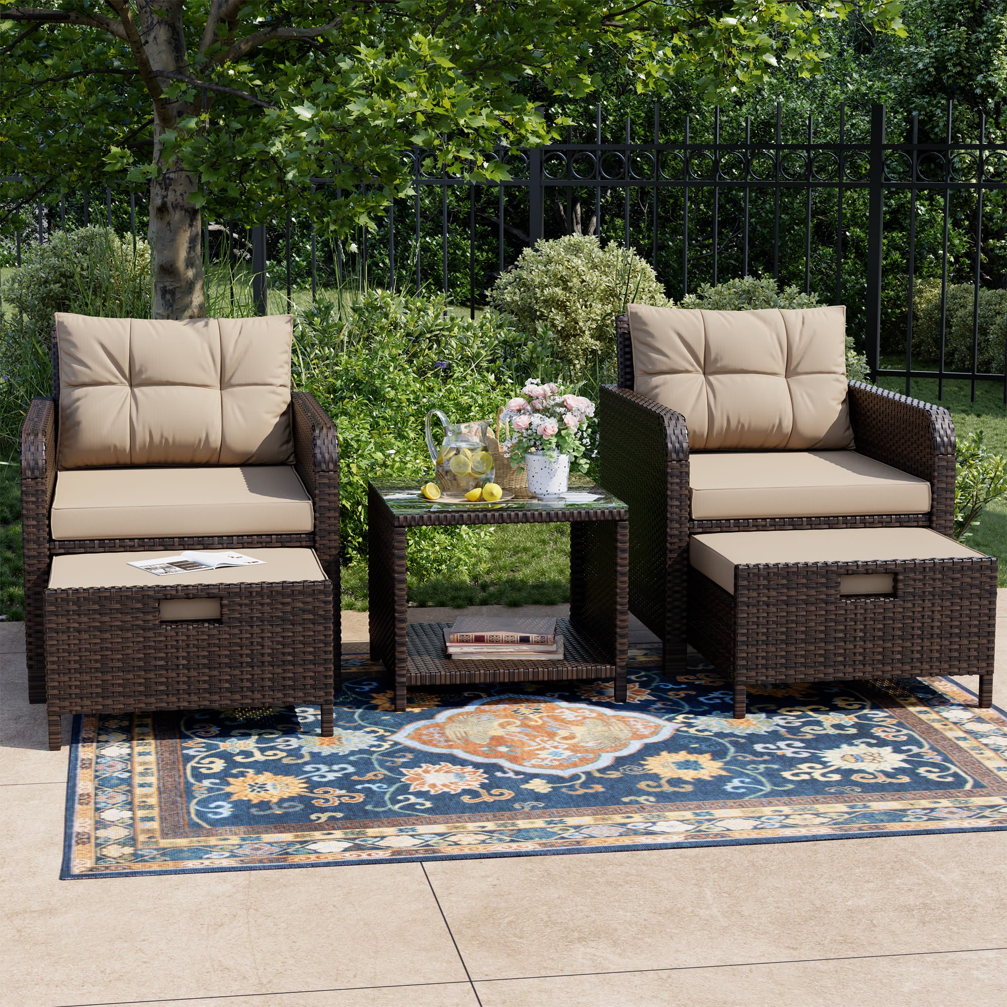 5-Piece Rattan Patio Set with Cushioned Chairs and Ottomans ¨C Front View