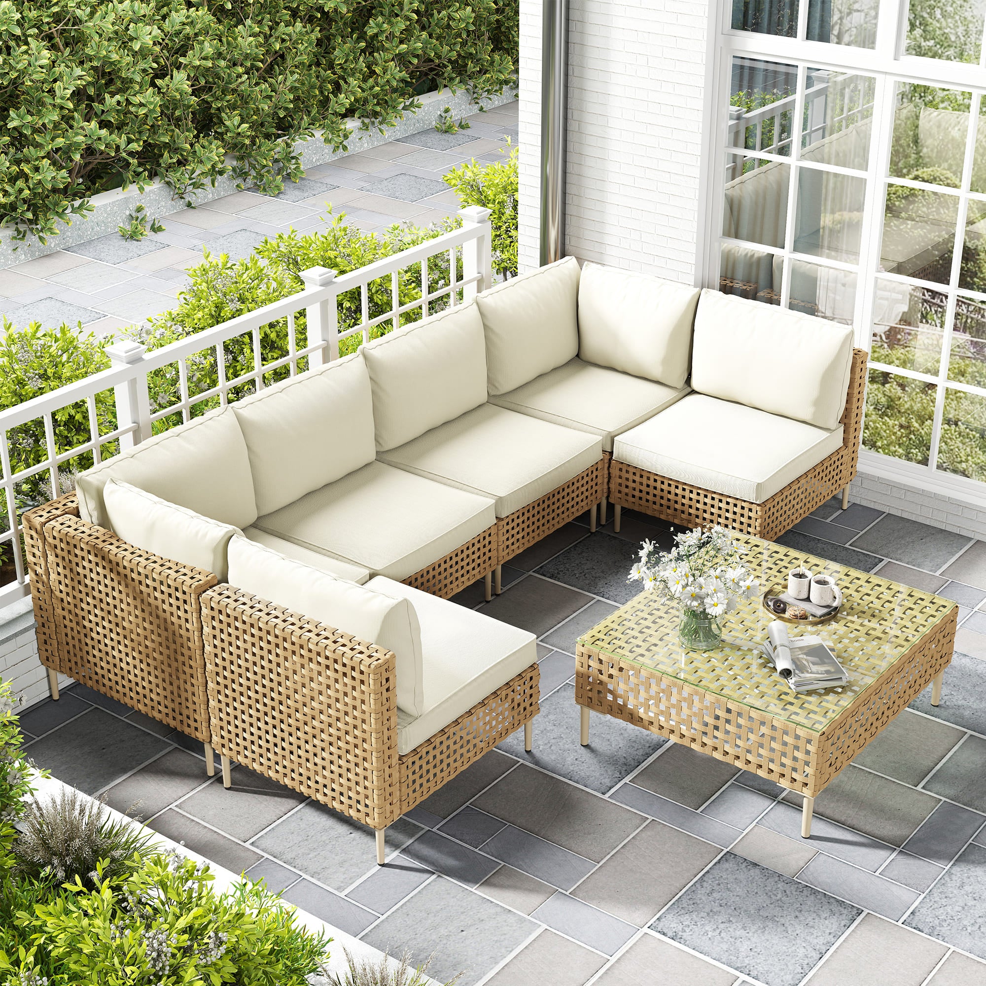 6-Person Outdoor Modular Wicker Seating Group with Beige Cushions ¨C Front View