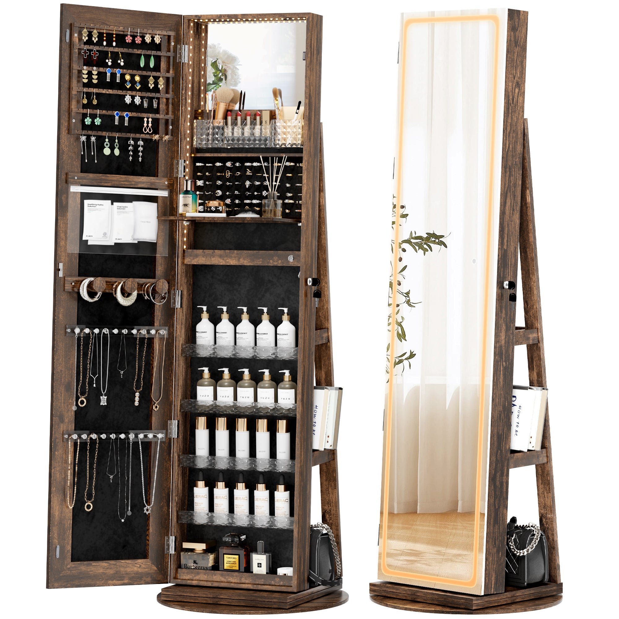 RIWENGO LED Mirror Jewelry Cabinet Standing with Adjustable LED Lights