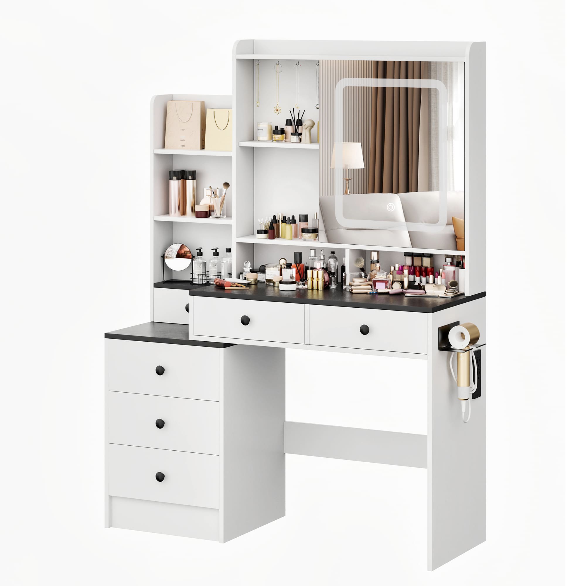 59" Farmhouse Vanity Desk with Mirror, LED Lights & Charging Station ¨C Makeup Table with Drawers, Cabinet & Shelves