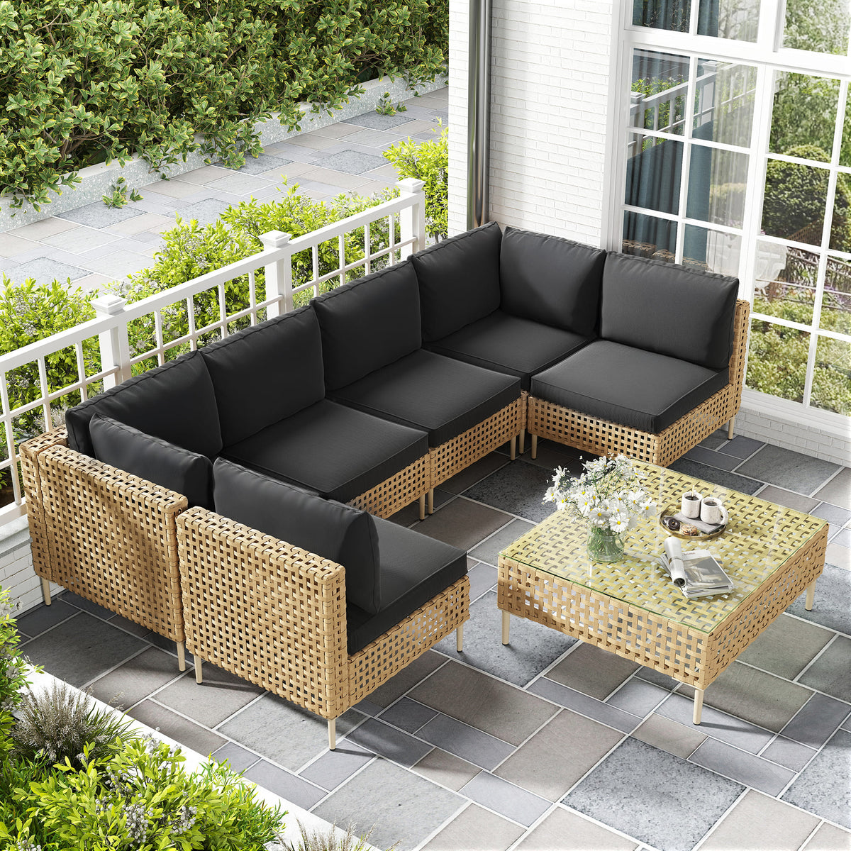 6-Person Outdoor Modular Wicker Seating Group with Beige Cushions ¨C Front View