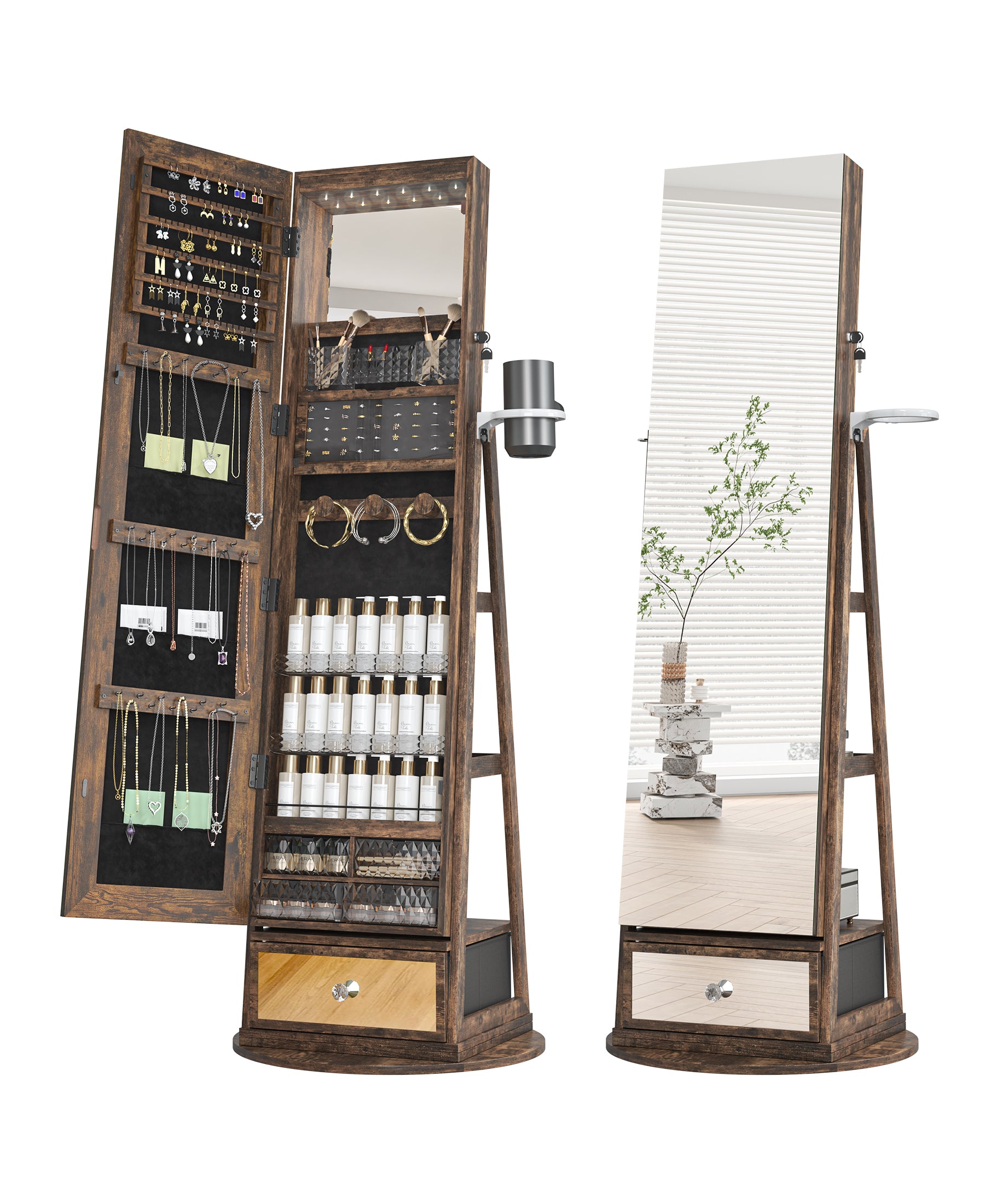 RIWENGO 64.2'' H Freestanding Jewelry Armoire with Full-Length Mirror ¨C Front View