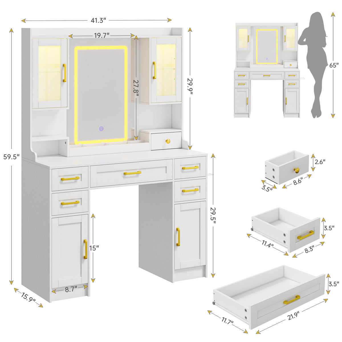 Large Makeup Vanity Desk with LED Mirror, 5 Drawers, 4 Cabinets & Charging Station