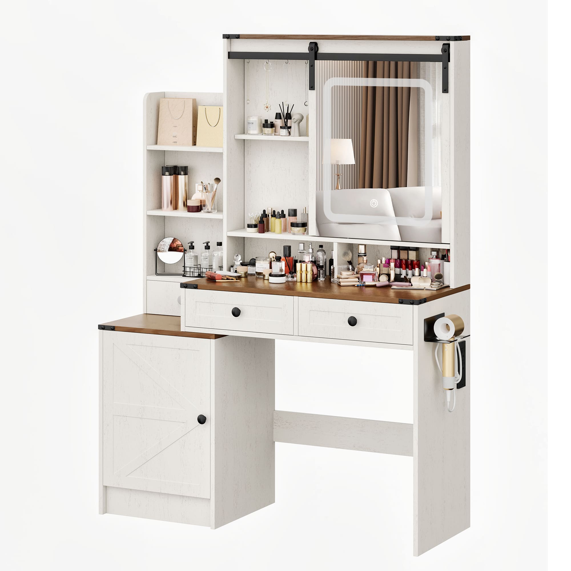 59" Farmhouse Vanity Desk with Mirror, LED Lights & Charging Station ¨C Makeup Table with Drawers, Cabinet & Shelves