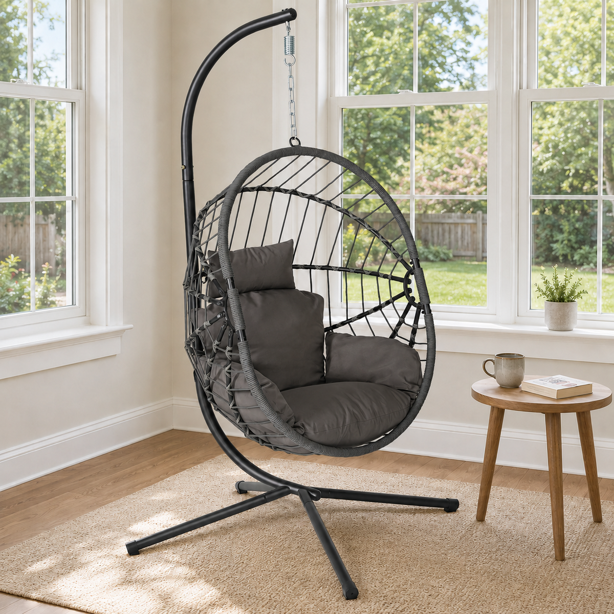 Outdoor Single Hanging Egg Chair with Stand & Cushions
