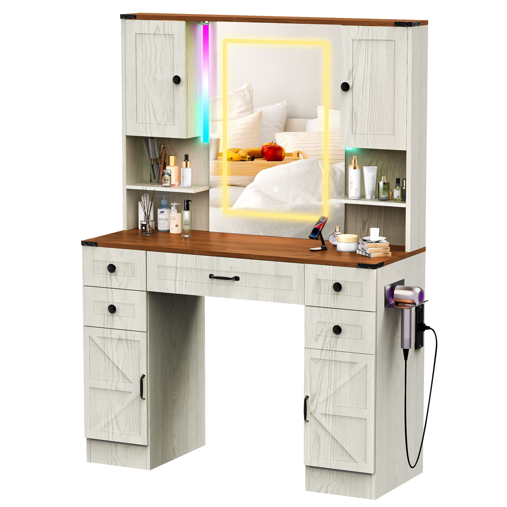 16-Color Touch Screen Vanity Mirror with Storage & Outlet