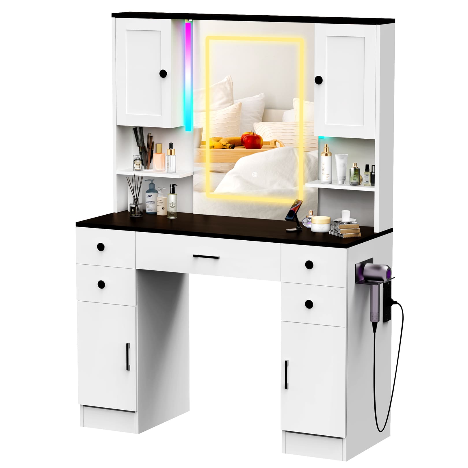 16-Color Touch Screen Vanity Mirror with Storage & Outlet