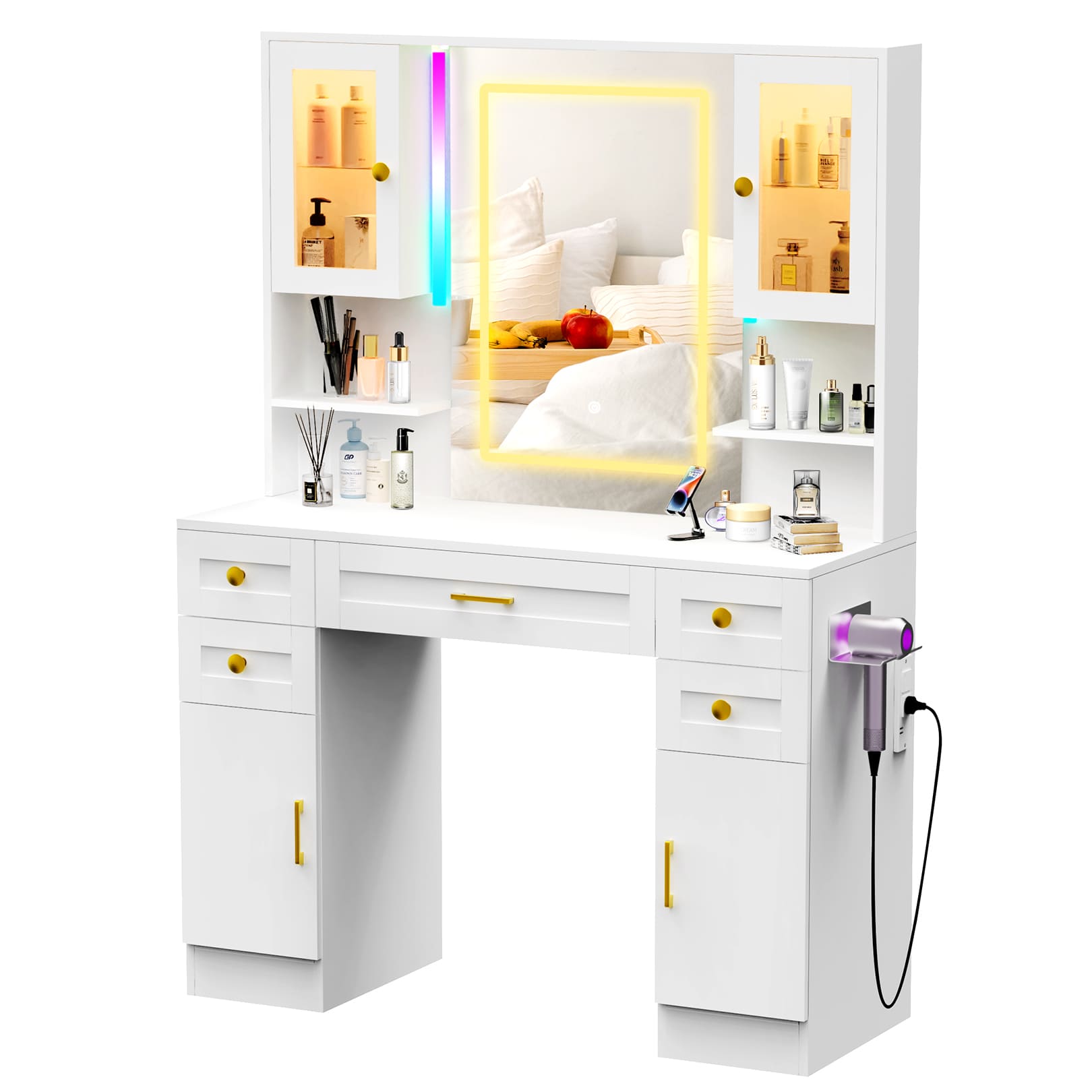 16-Color Touch Screen Vanity Mirror with Storage & Outlet
