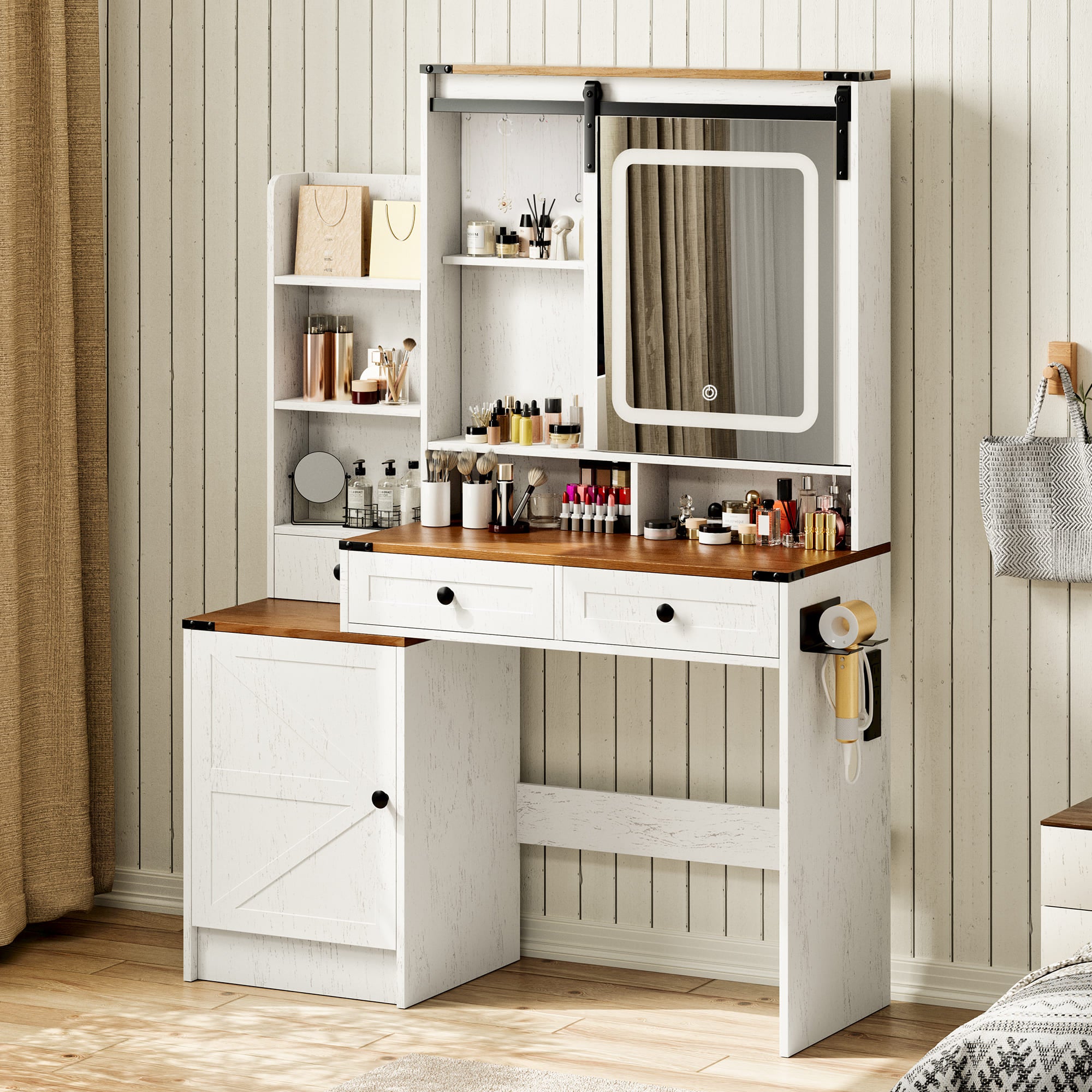 59" Farmhouse Vanity Desk with Mirror, LED Lights & Charging Station ¨C Makeup Table with Drawers, Cabinet & Shelves