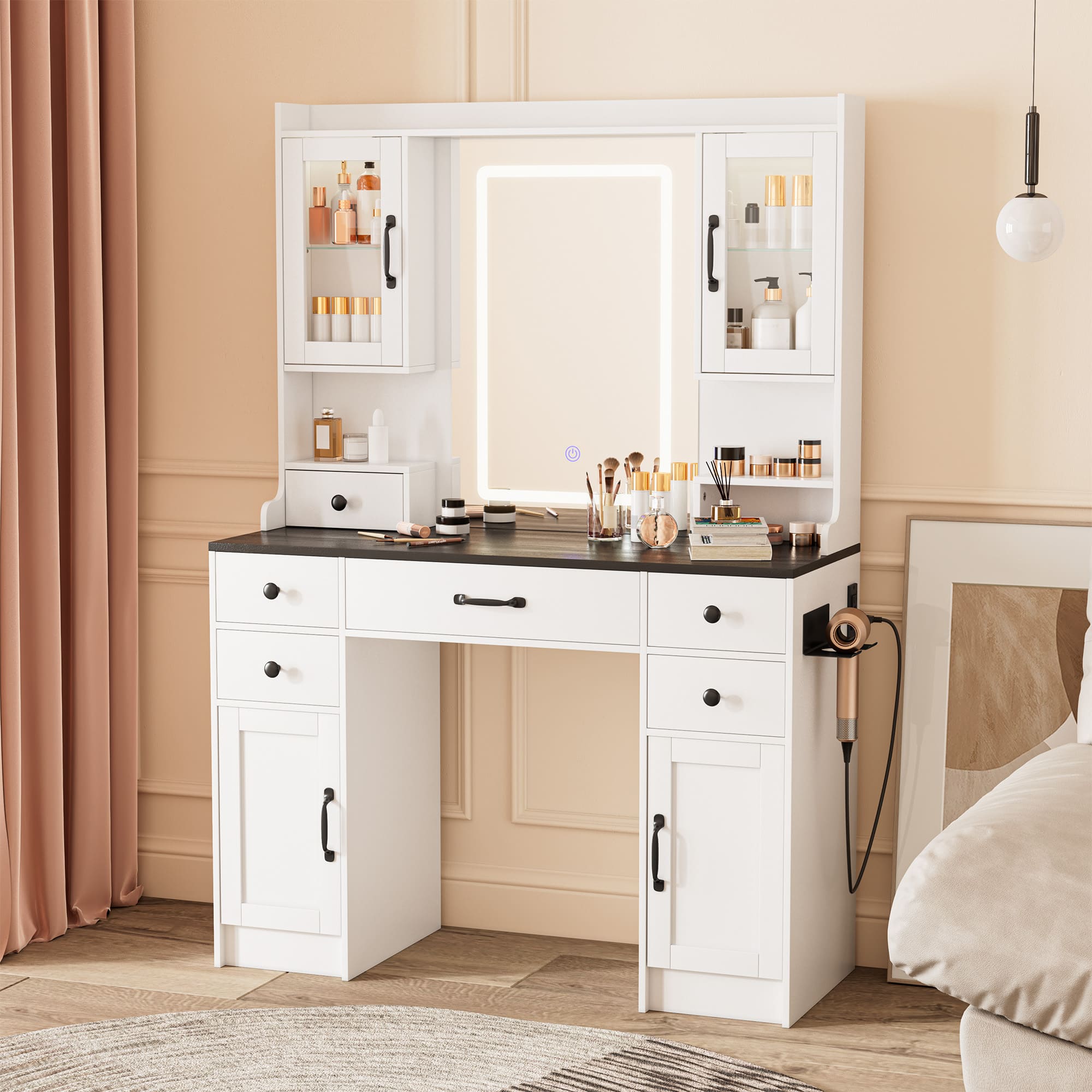 Modern Vanity Desk with Tri-Color LED Mirror, Charging Station & Storage ¨C Makeup Table with Drawers, USB Ports, and Adjustable Lighting