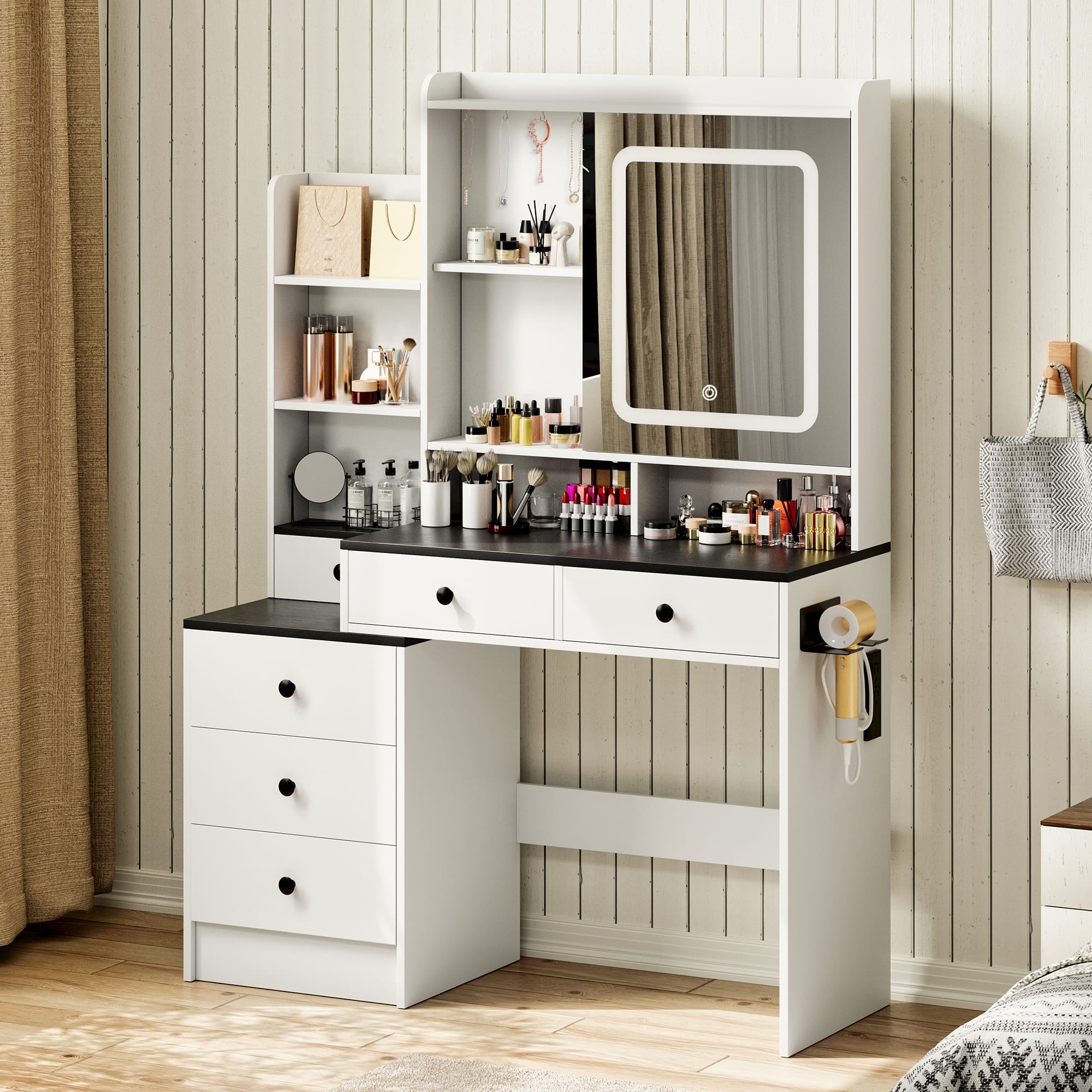59" Farmhouse Vanity Desk with Mirror, LED Lights & Charging Station ¨C Makeup Table with Drawers, Cabinet & Shelves