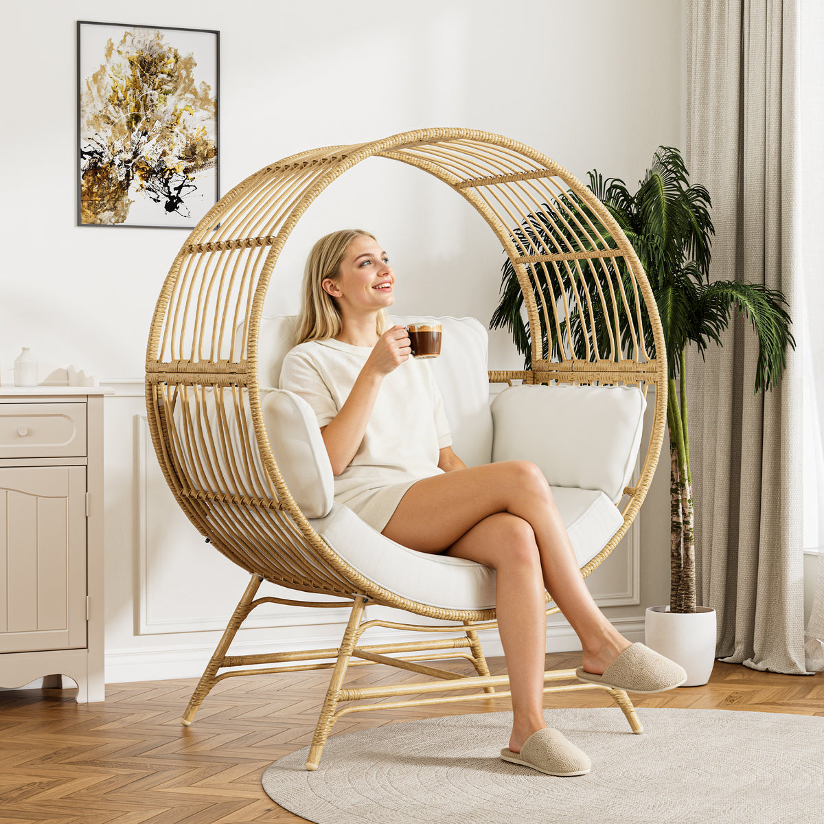 Oversized Outdoor Wicker Round Egg Chair with 4 Cushions