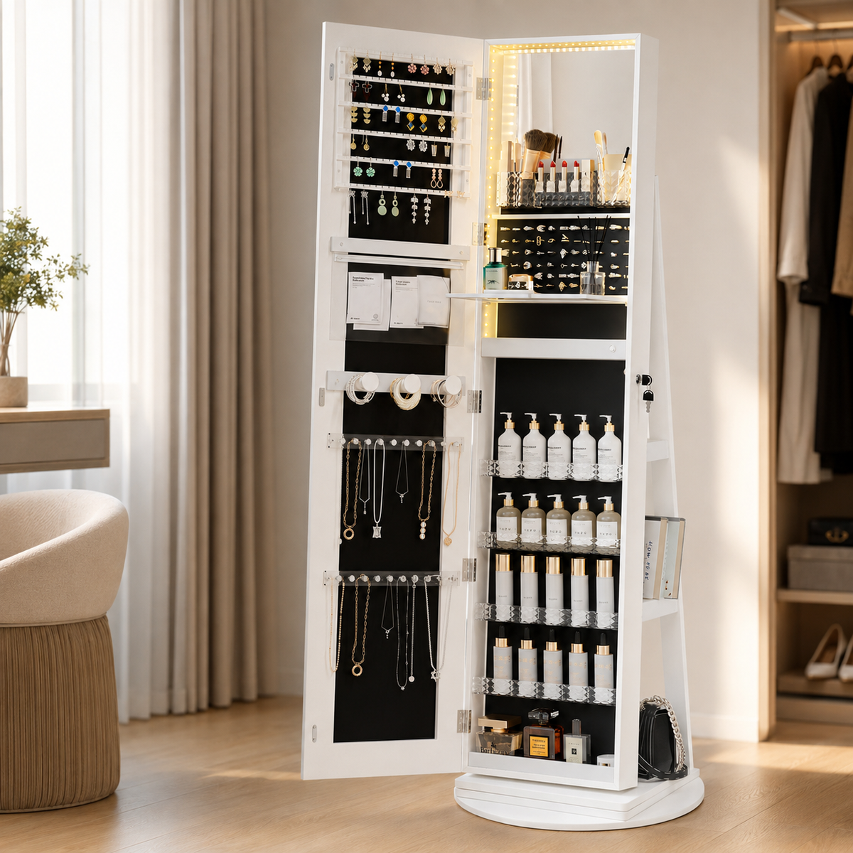 63" H Rotating Jewelry Armoire with Full-Length Mirror, LED Lights & Lockable Storage