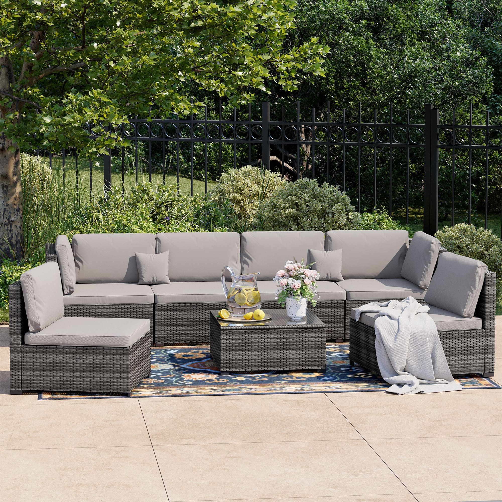 Ebern Designs 7-Piece Outdoor Rattan Sectional Sofa Set ¨C Front View
