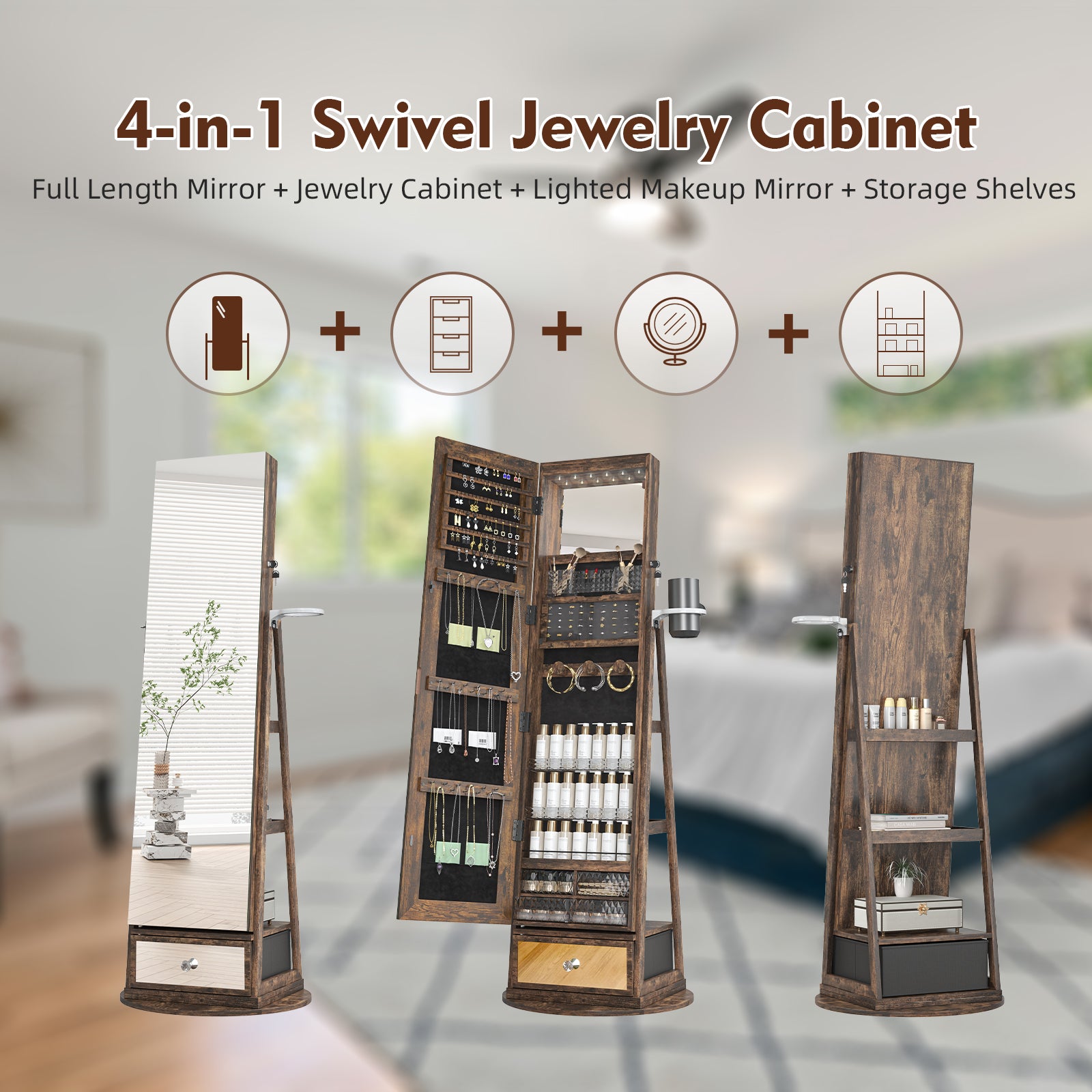RIWENGO Interior of Jewelry Armoire Showcasing Storage Compartments and LED Lighting