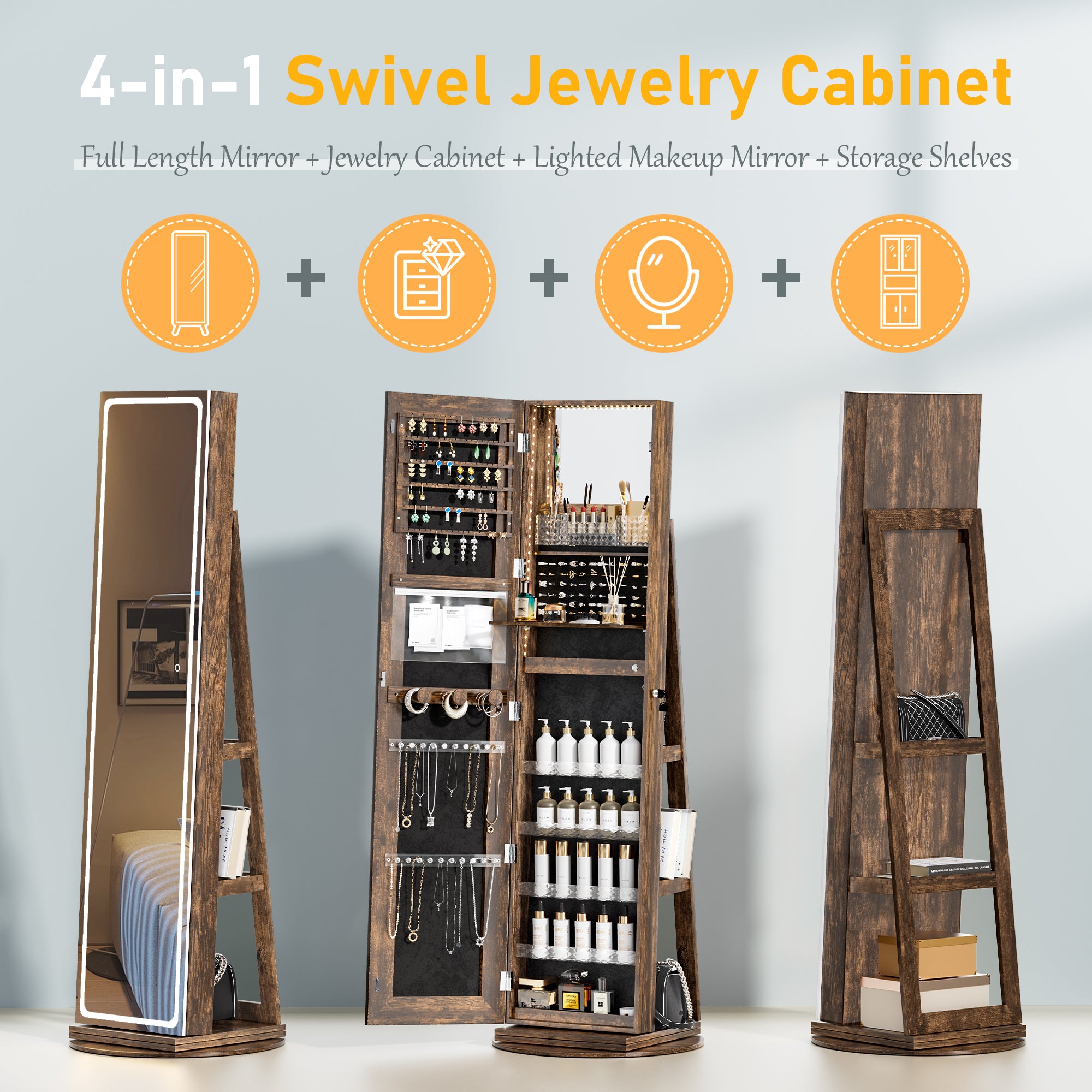 RIWENGO Interior of Jewelry Armoire Showcasing Storage Compartments and LED Lighting
