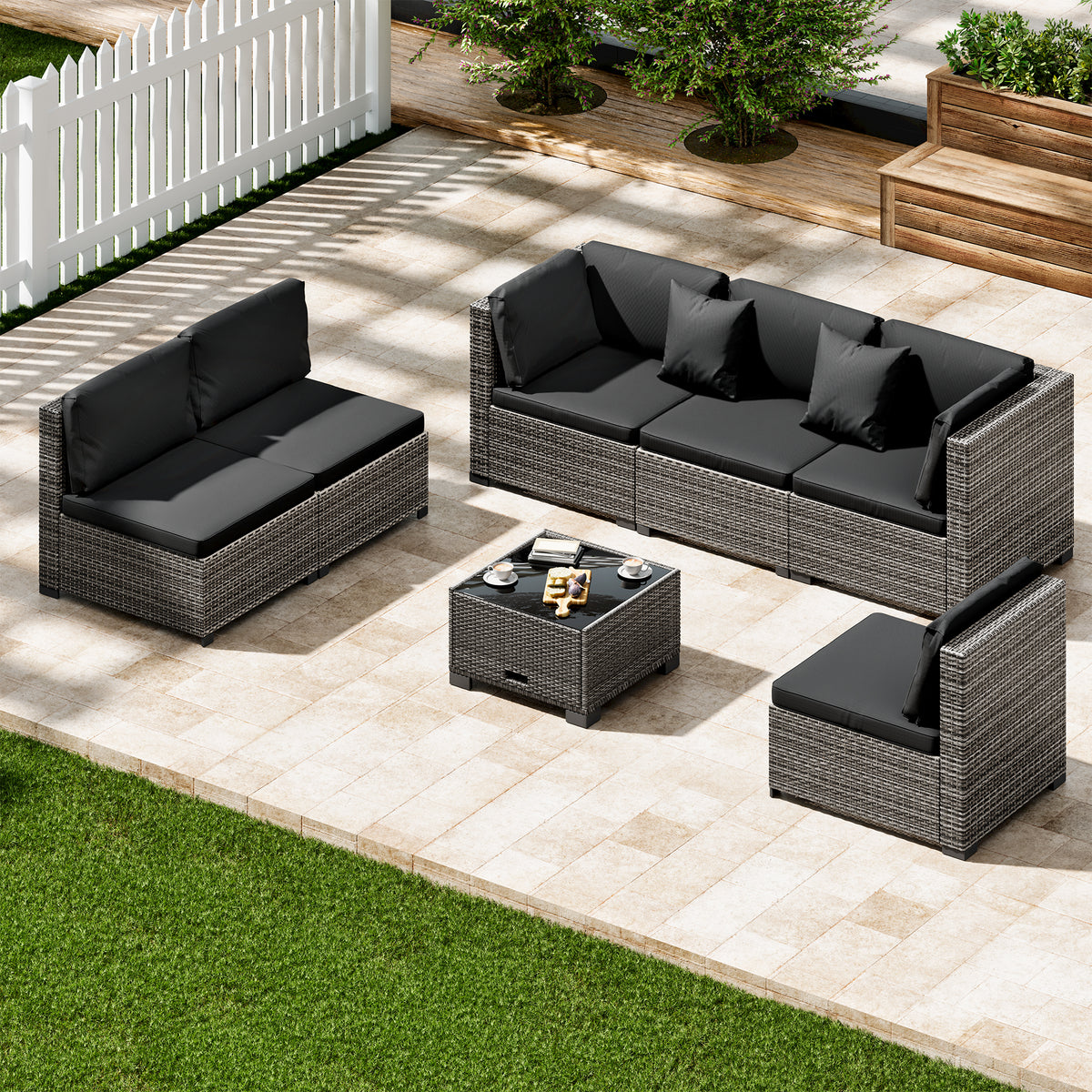 7-Piece Modular Outdoor Rattan Sectional Sofa Set with Cushions & Glass Table