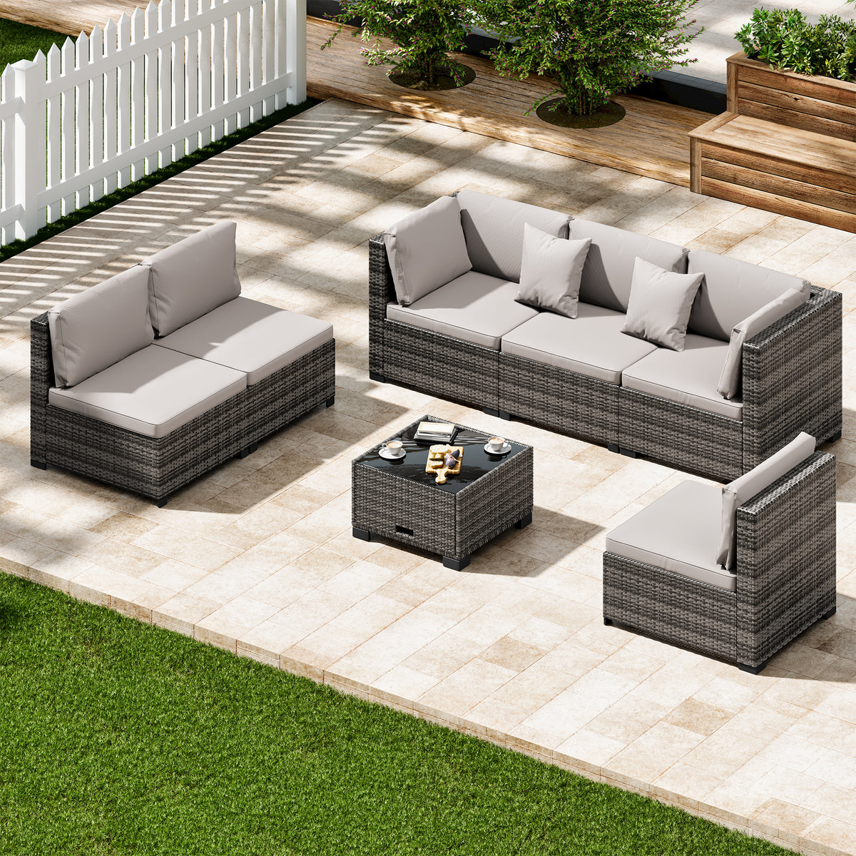7-Piece Modular Outdoor Rattan Sectional Sofa Set with Cushions & Glass Table