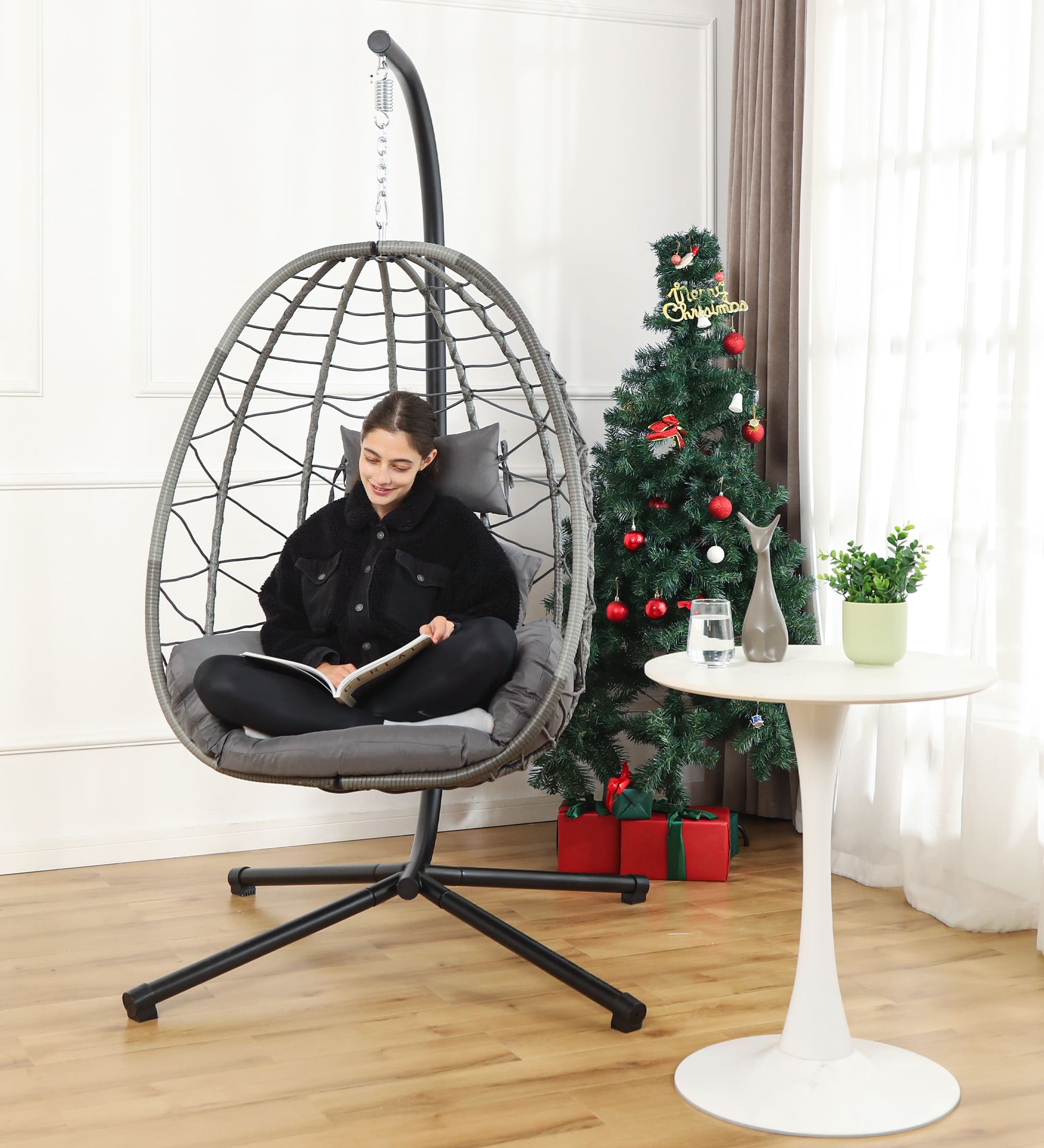 Hanging Egg Chair with Stand and Cushions ¨C Front View
