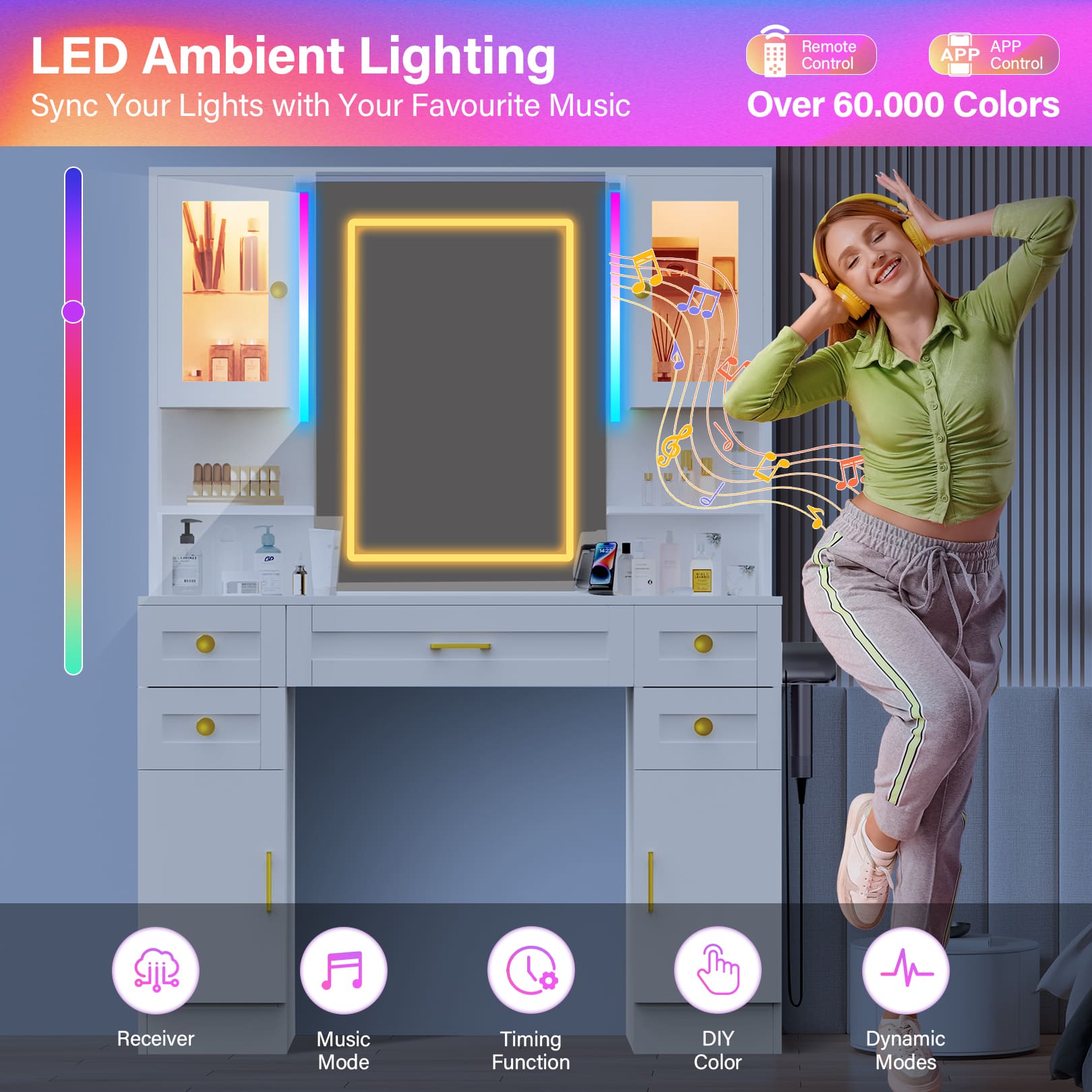16-Color Touch Screen Vanity Mirror with Storage & Outlet