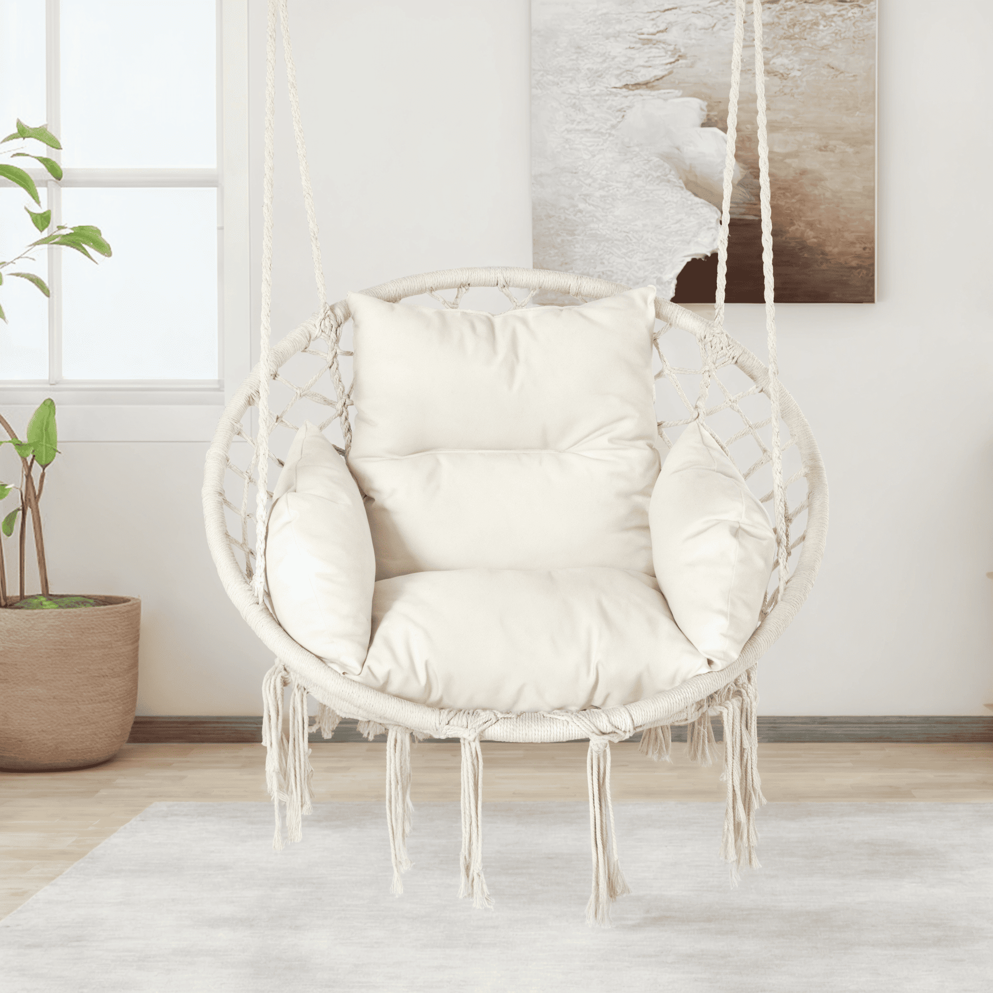 White hanging hammock chair with cushion, supports up to 330 lbs ¨C indoor and outdoor use
