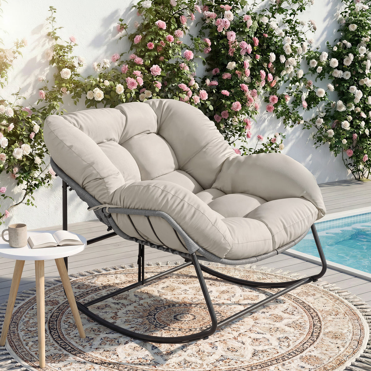 Oversized Wicker Egg Rocking Chair with Thick Cushion – Indoor & Outdoor