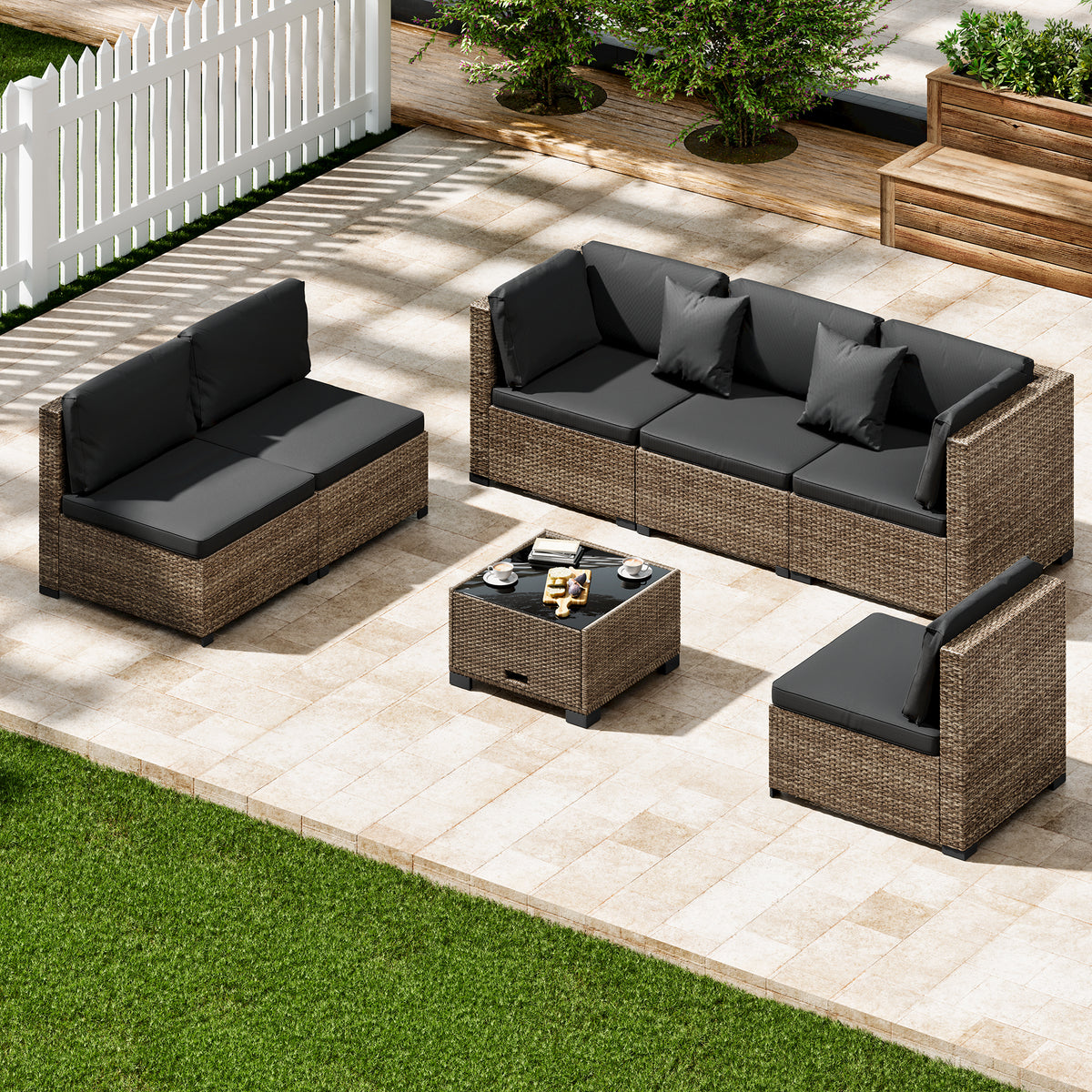 7-Piece Modular Outdoor Rattan Sectional Sofa Set with Cushions & Glass Table