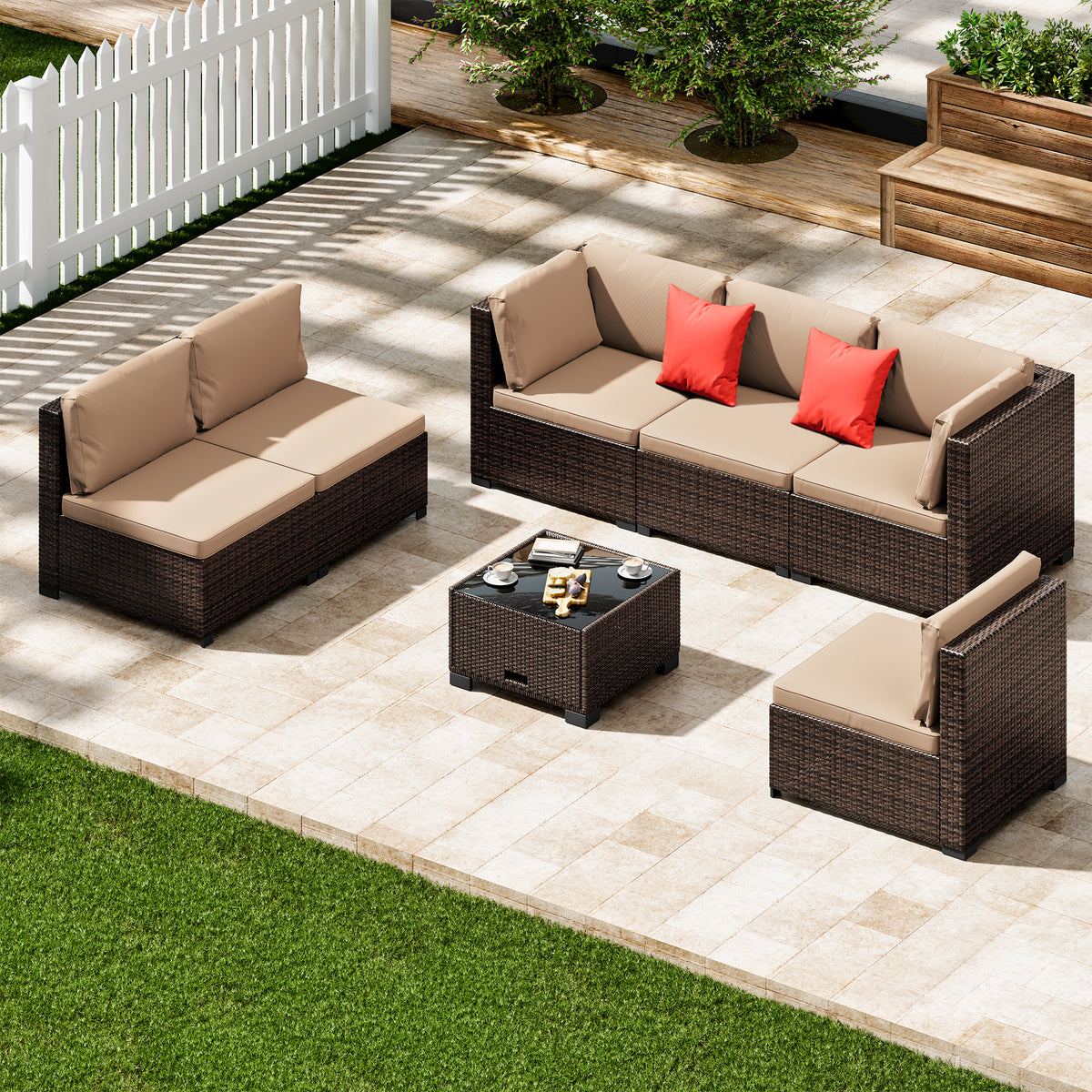 7-Piece Modular Outdoor Rattan Sectional Sofa Set with Cushions & Glass Table