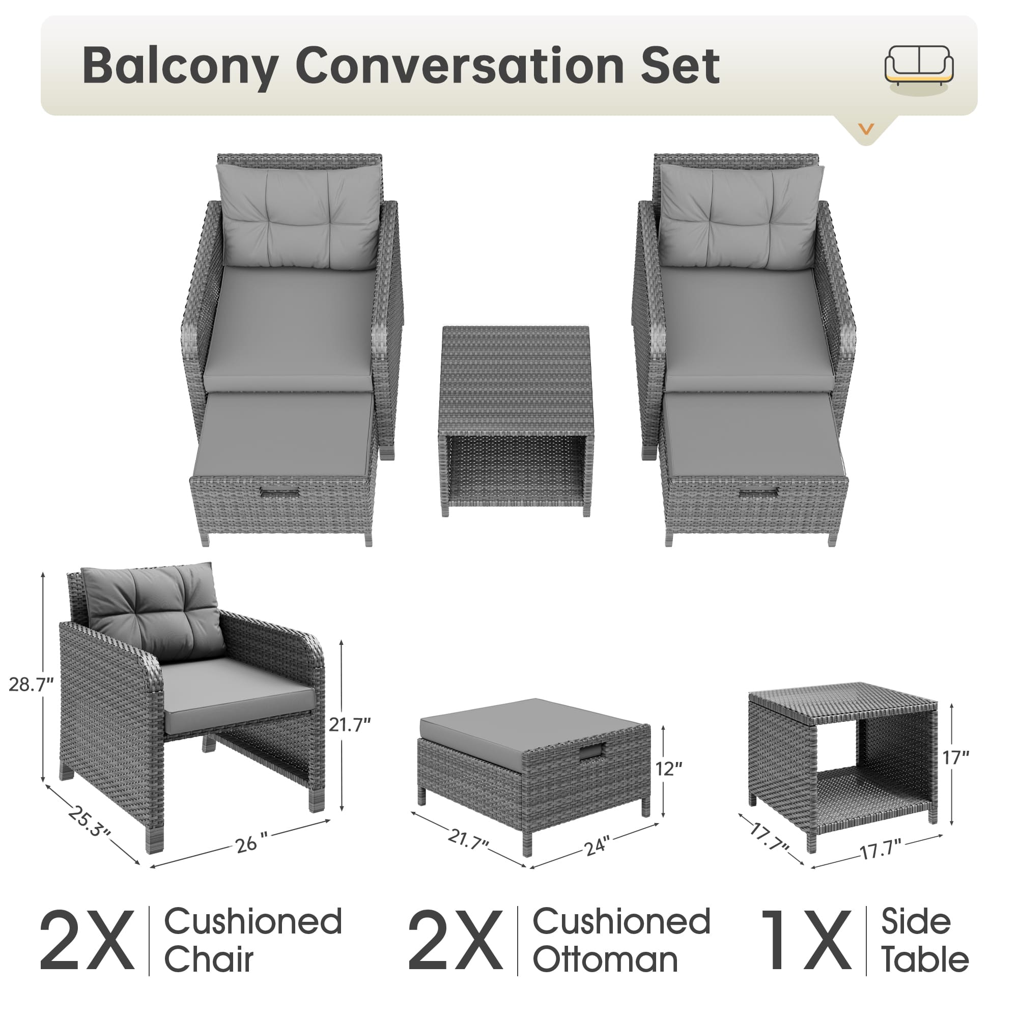 5-Piece Rattan Patio Set with Cushioned Chairs and Ottomans ¨C Front View