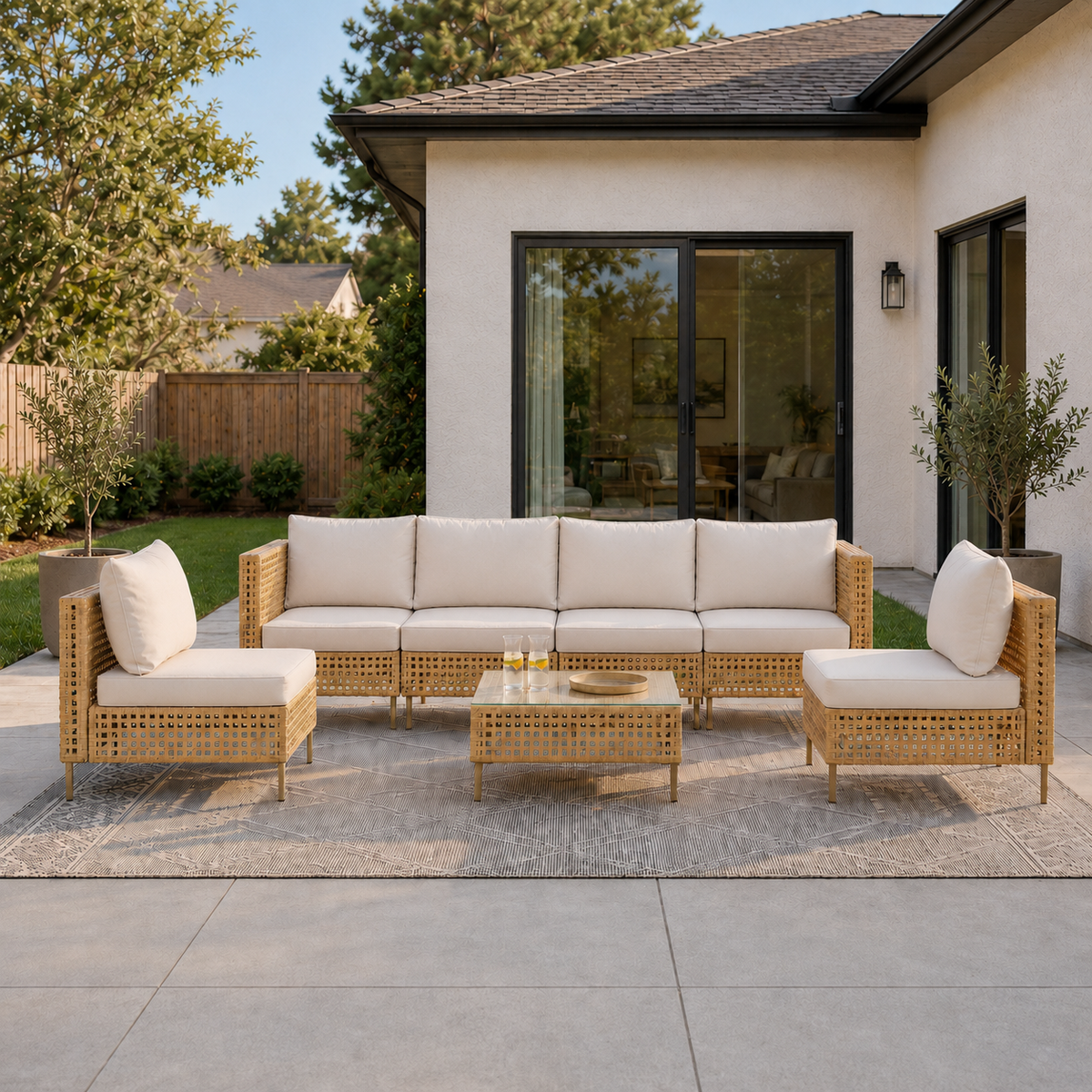 7-Piece Modular Outdoor Wicker Patio Set for with Cushions & Glass Coffee Table