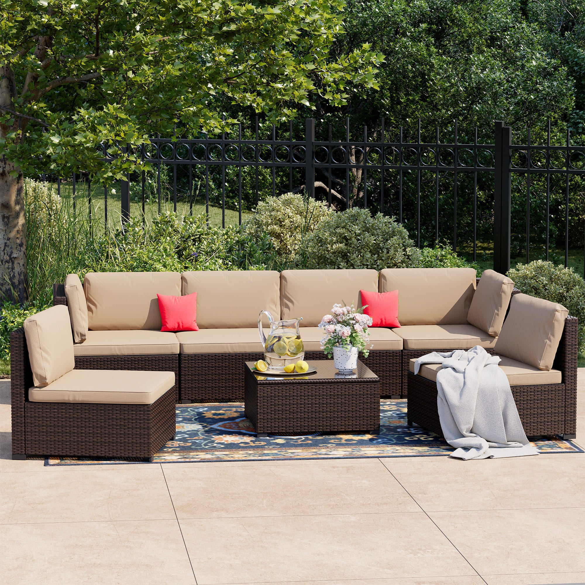7-Piece Rattan Patio Furniture Set Arranged on Backyard Deck?