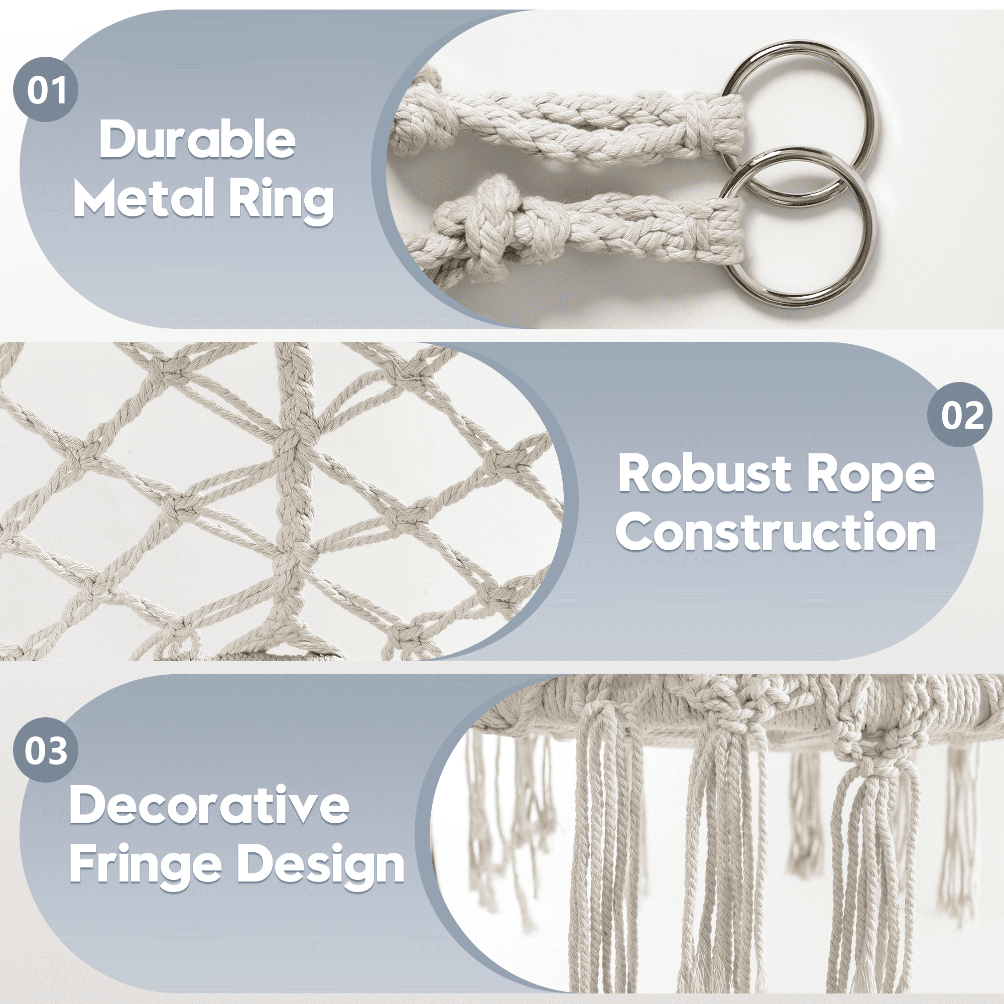 Macrame wall hanging with durable metal ring, robust rope construction, and decorative fringe design.