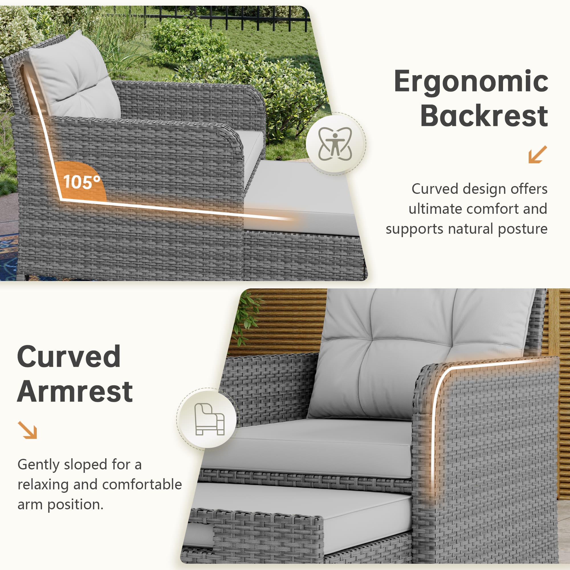 Side Profile of Rattan Chair with Ottoman and Cushions