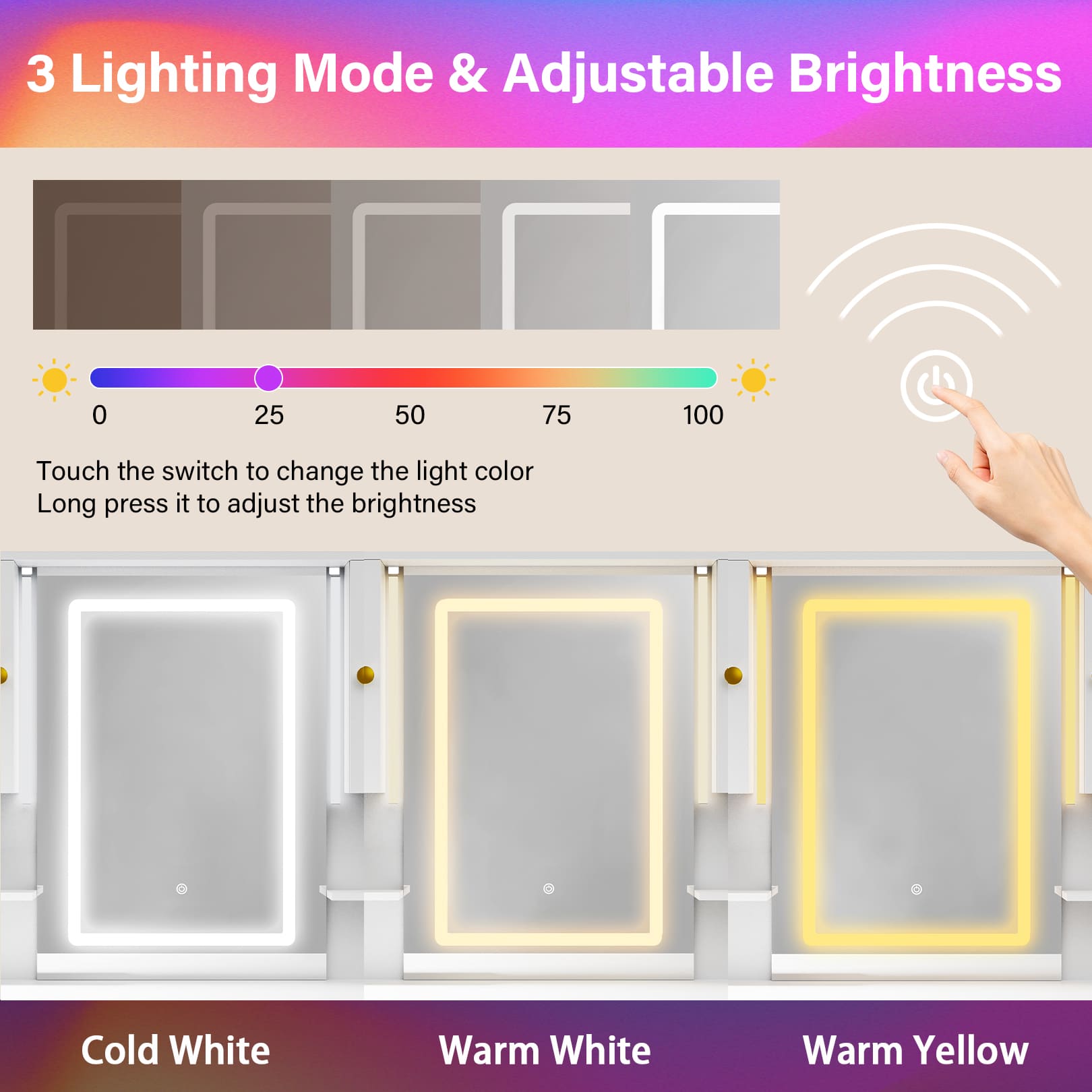 16-Color Touch Screen Vanity Mirror with Storage & Outlet