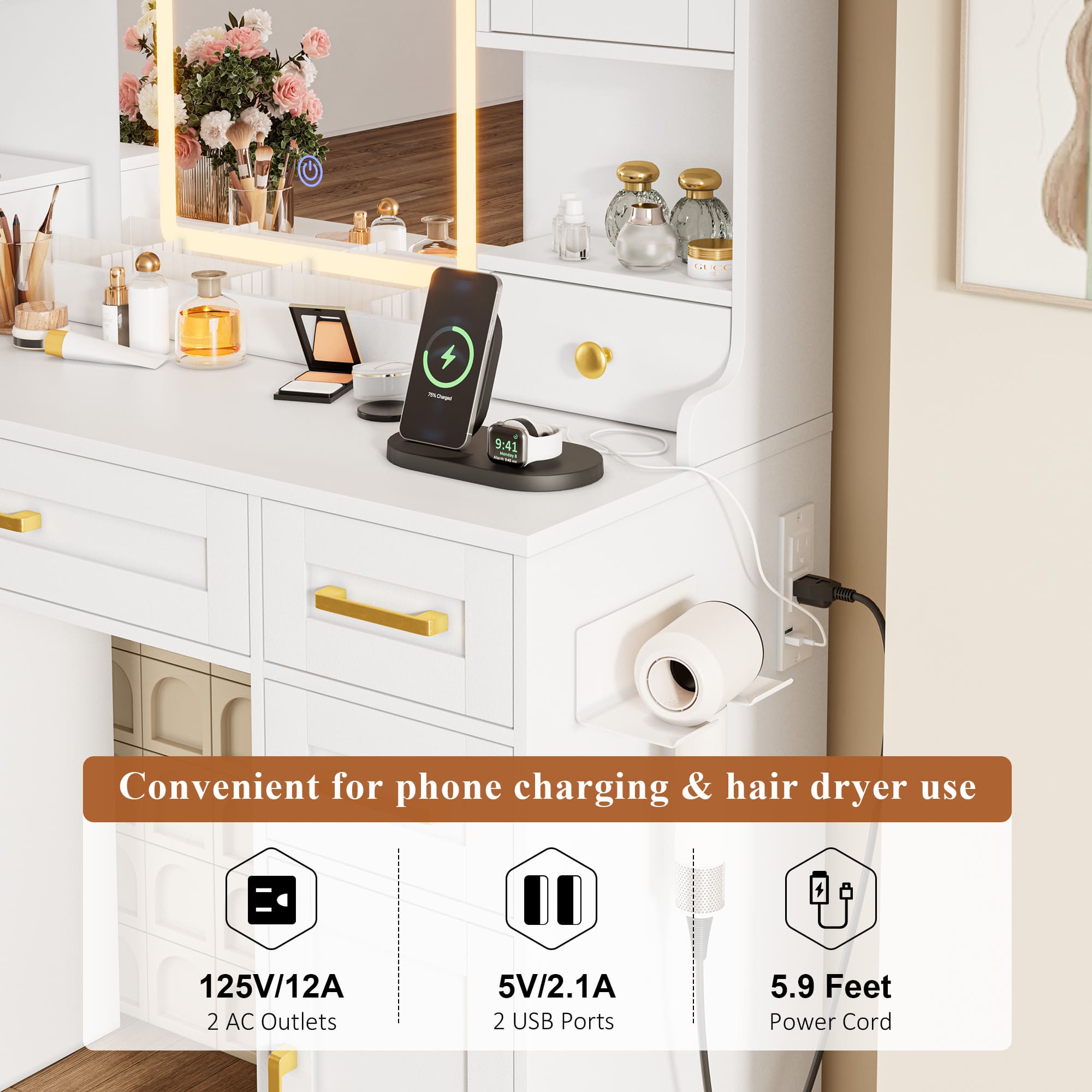 Modern Vanity Desk with Tri-Color LED Mirror, Charging Station & Storage ¨C Makeup Table with Drawers, USB Ports, and Adjustable Lighting
