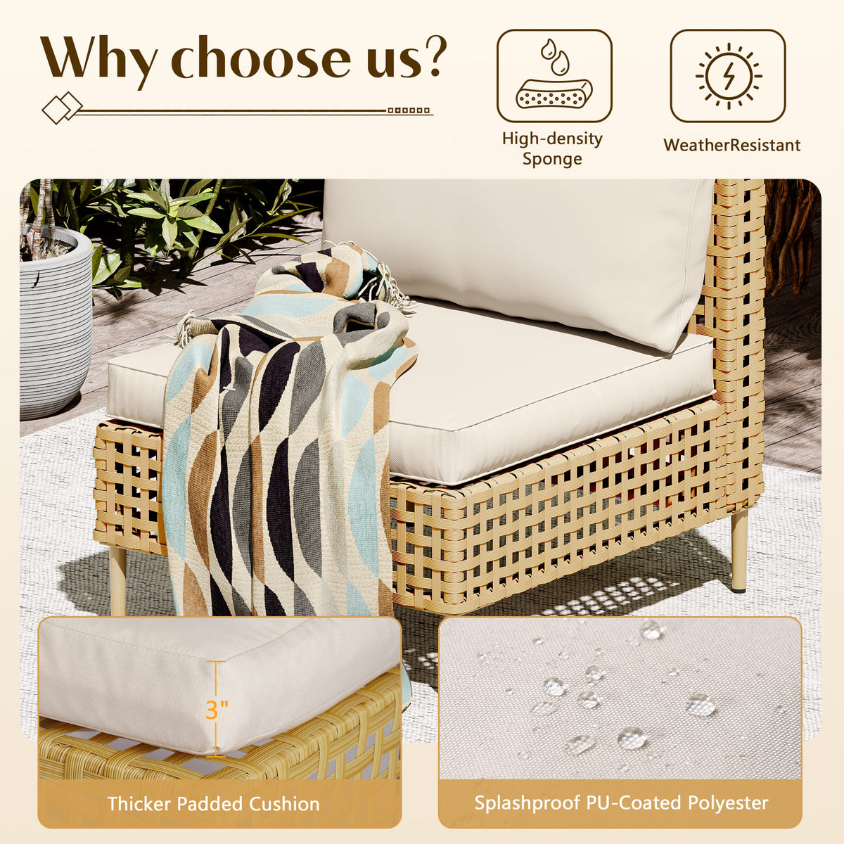 Close-Up of Water-Resistant Beige Cushions on Outdoor Seating Group