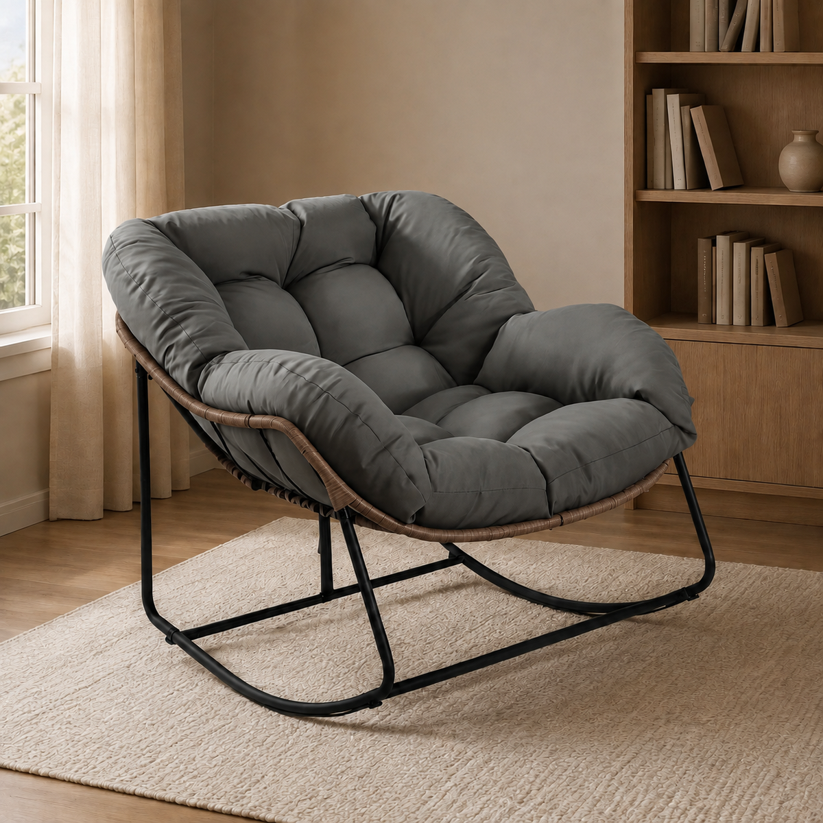 Oversized Wicker Egg Rocking Chair with Thick Cushion – Indoor & Outdoor