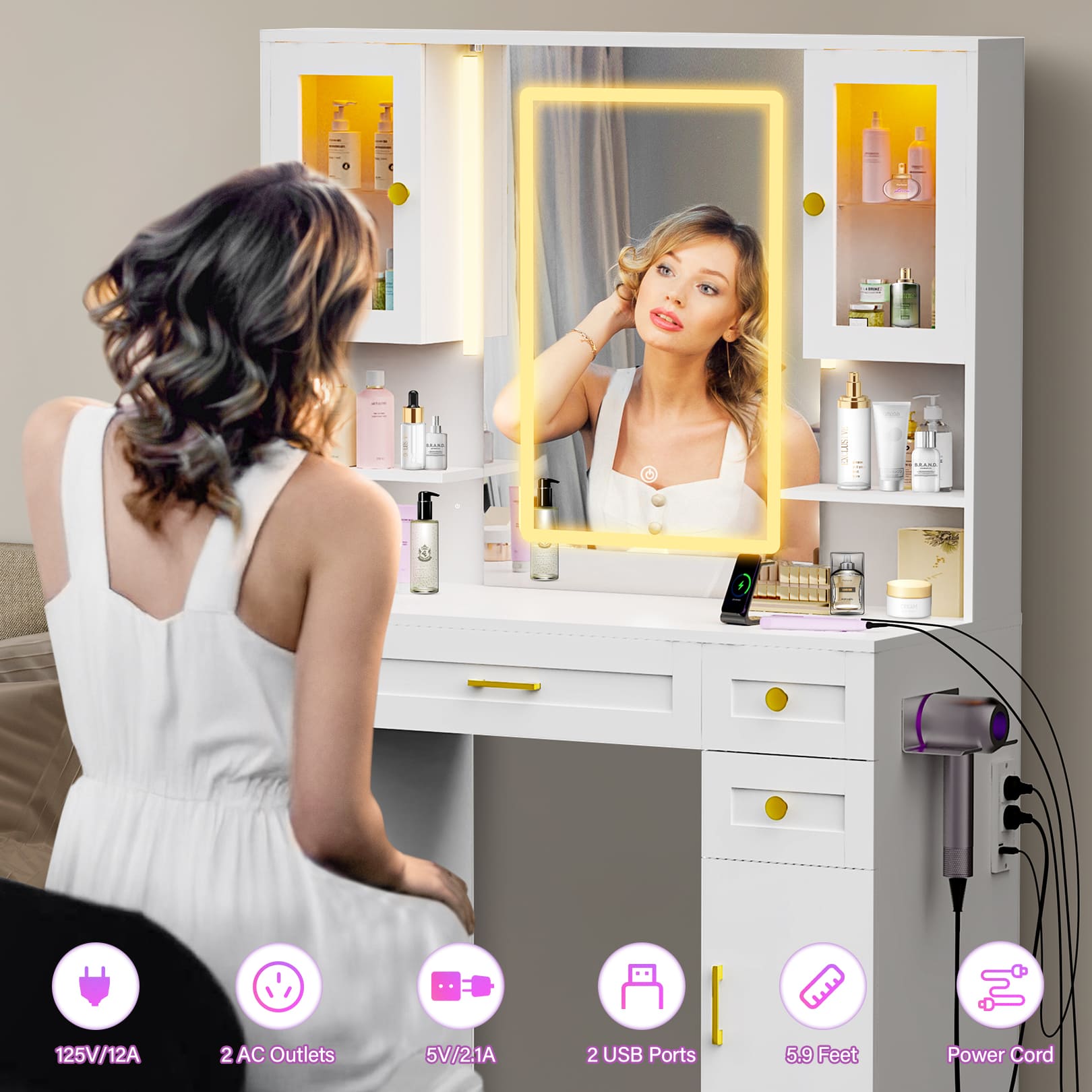 16-Color Touch Screen Vanity Mirror with Storage & Outlet
